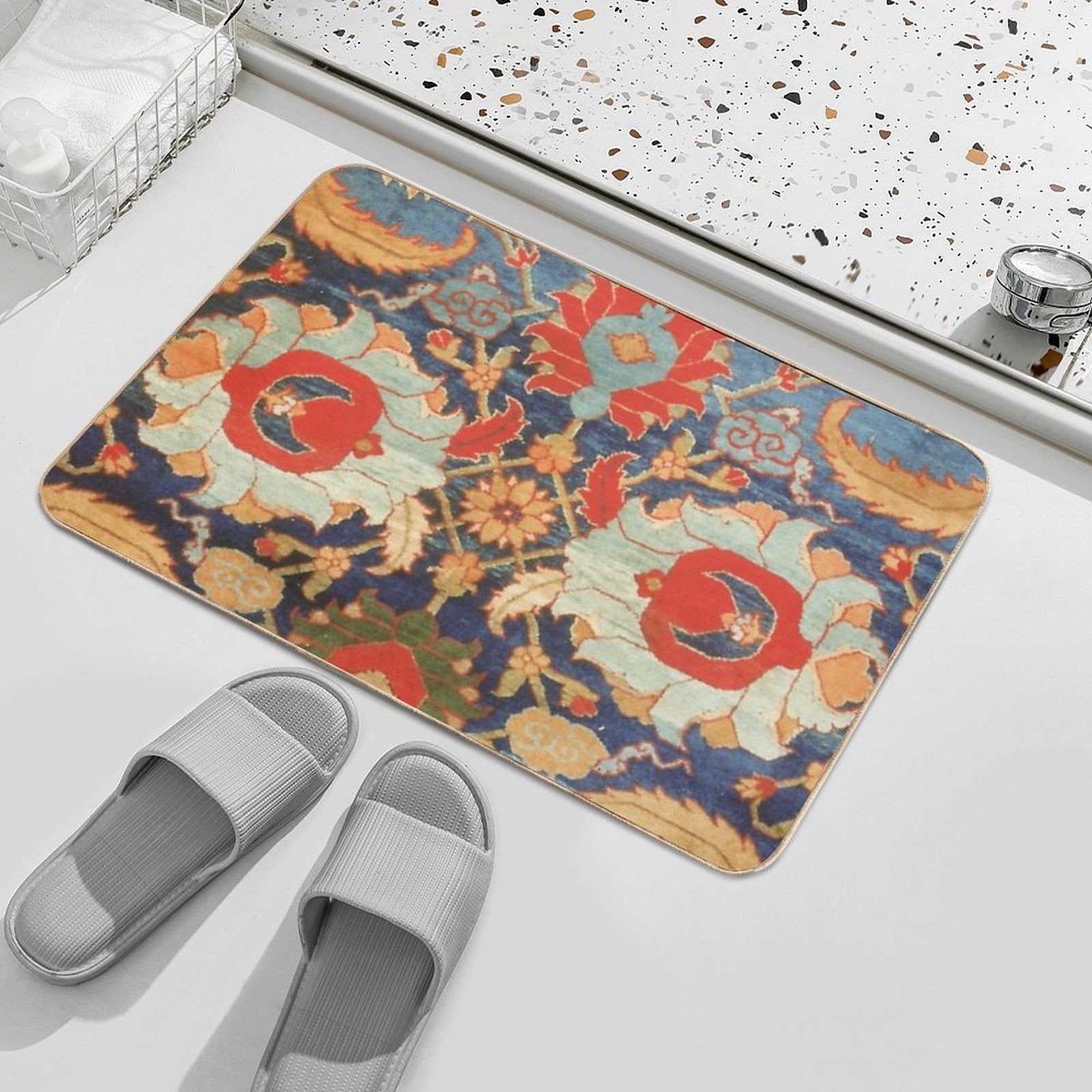 Indian Antique Floral Rug Print  Pet-Safe Bath Mat