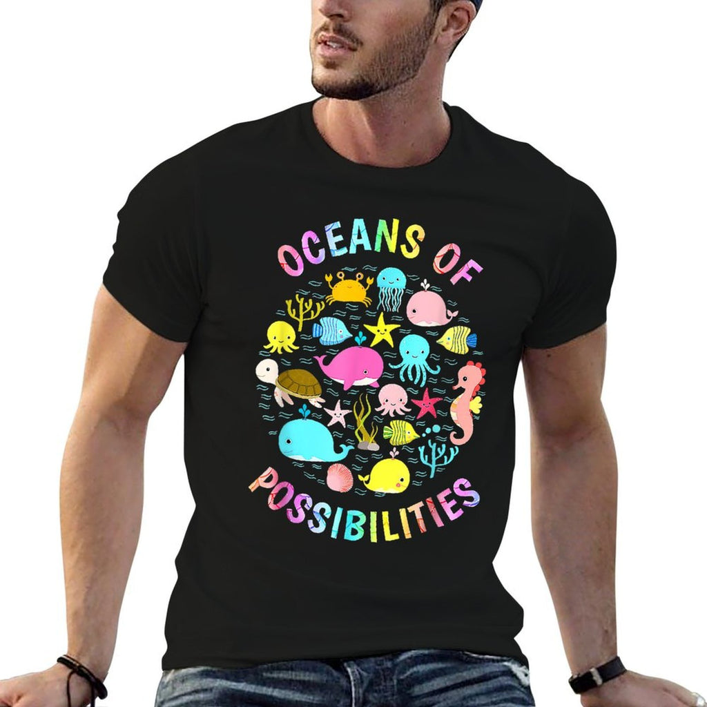 Cute Oceans Of Possibilities Summer Reading Sea Creatures  Ribbed Collar T-Shirt