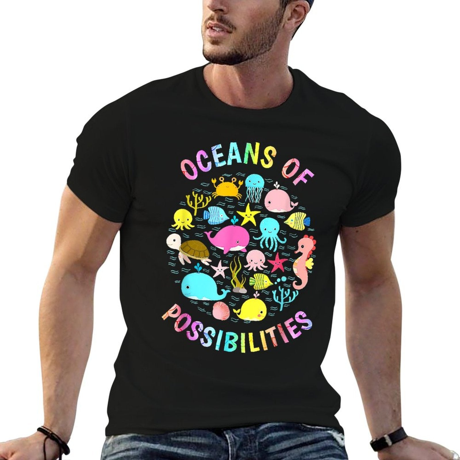 Cute Oceans Of Possibilities Summer Reading Sea Creatures  Ribbed Collar T-Shirt