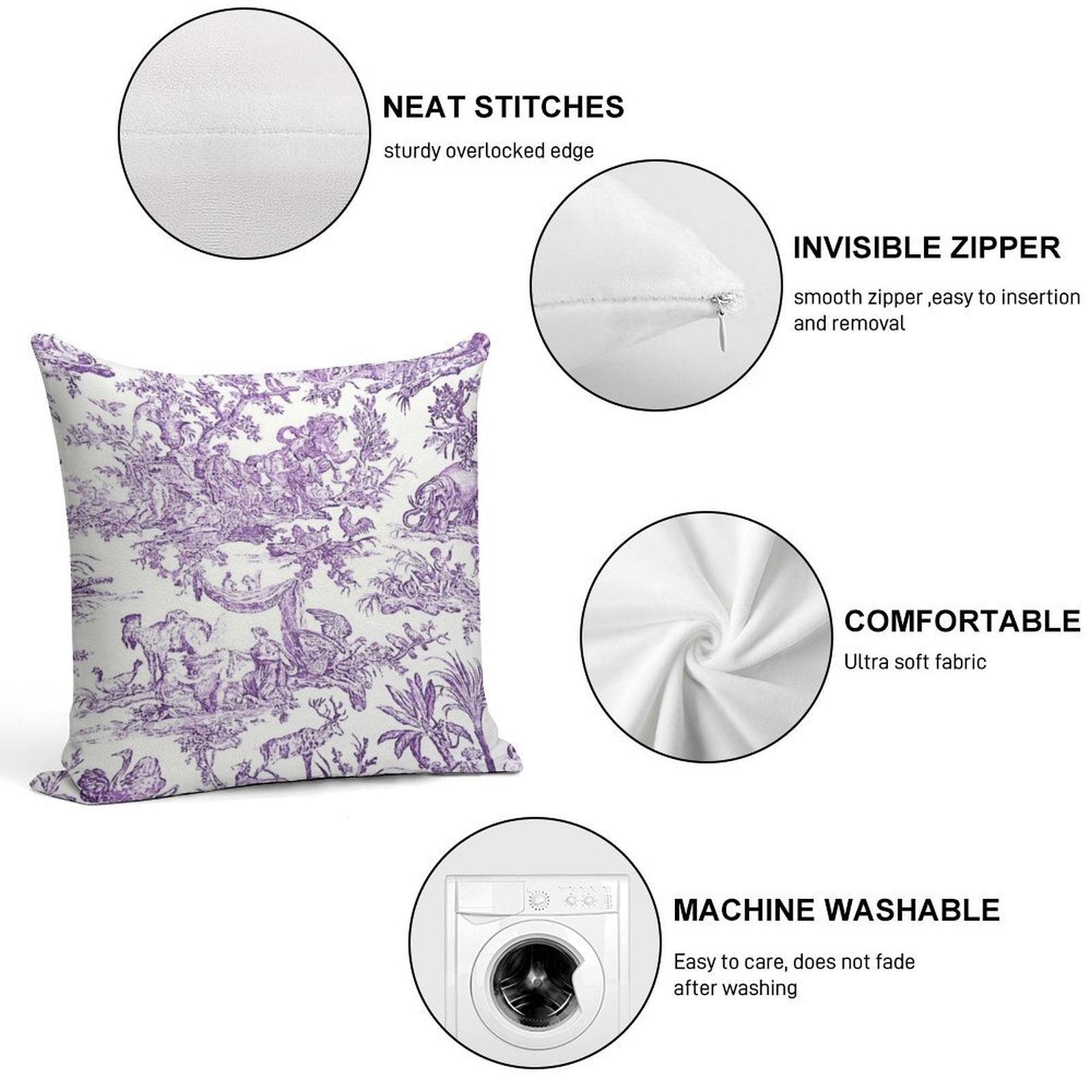 Purple Toile - French Countryside - English Soft Short Plush Fabric Throw Pillow