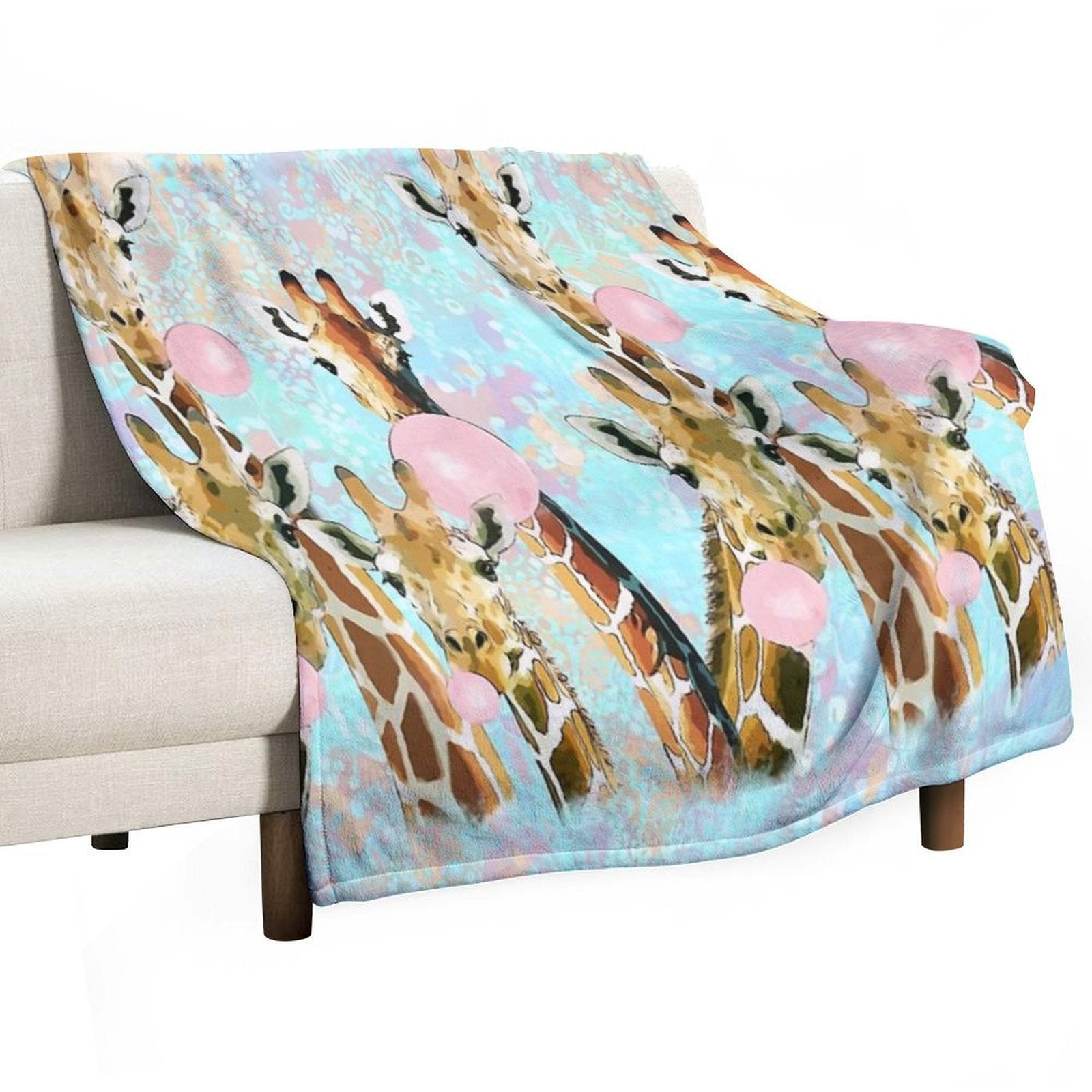 Watercolor Giraffes with Bubblegum, Funny Animals, Cute, Kawaii Giraffe Multi-functional Throw Blanket