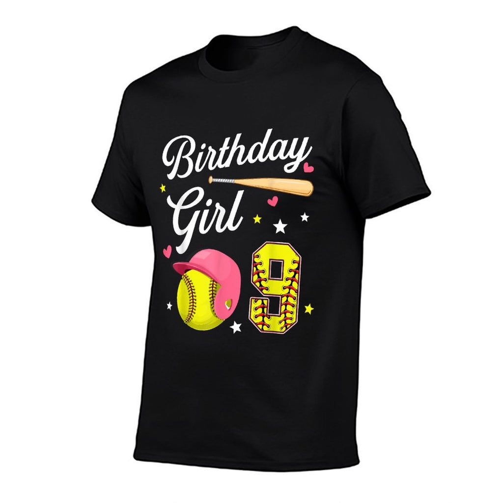 9th Birthday Girl Softball Ninth Bday 9 Yrs Nine Years Old  Heathered Texture T-Shirt