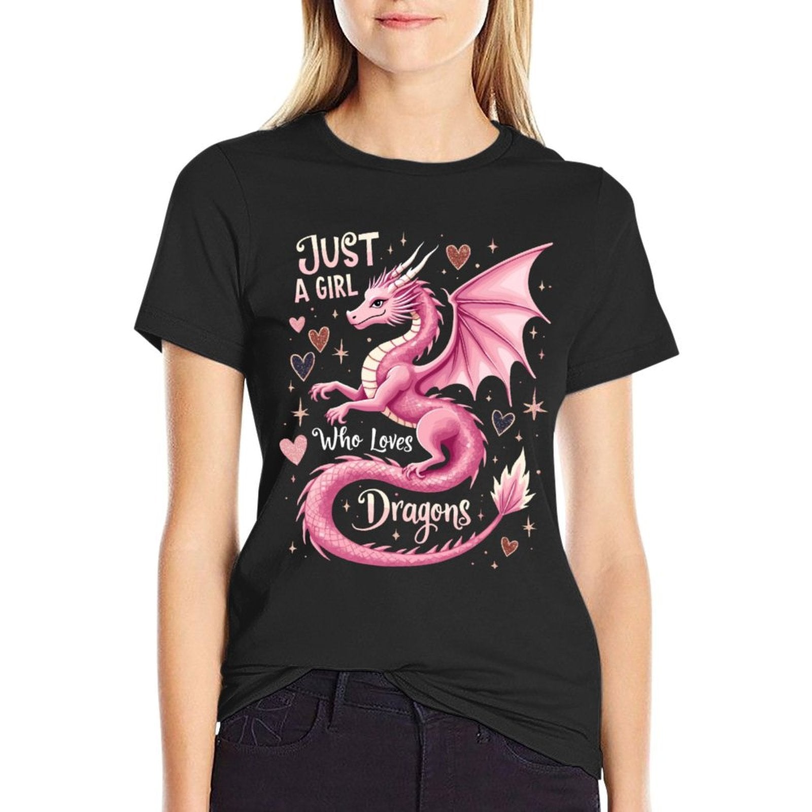 Just A Girl Who Loves Dragons, Pink Dragon Design  Summer-ready Fabric T-Shirt