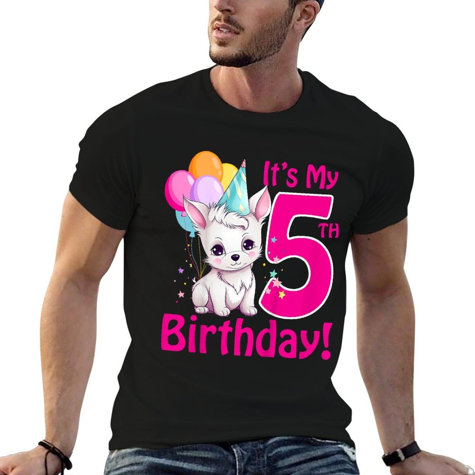 Kids It's My 5th Birthday Dog Lover Theme 5 Years Old Puppy Girl  Fade-proof Color T-Shirt