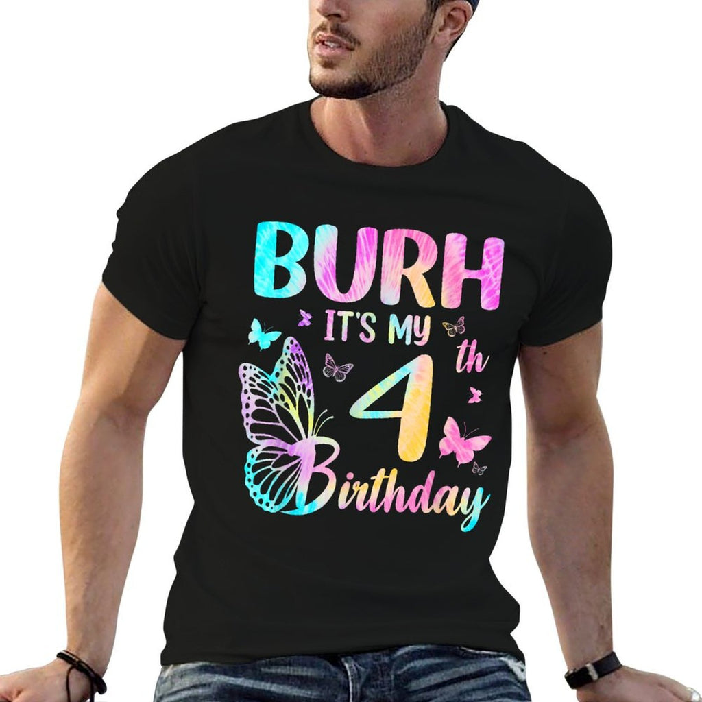 Bruh It's My 4th Birthday Butterfly Theme 4 Year Old  Ribbed Collar T-Shirt