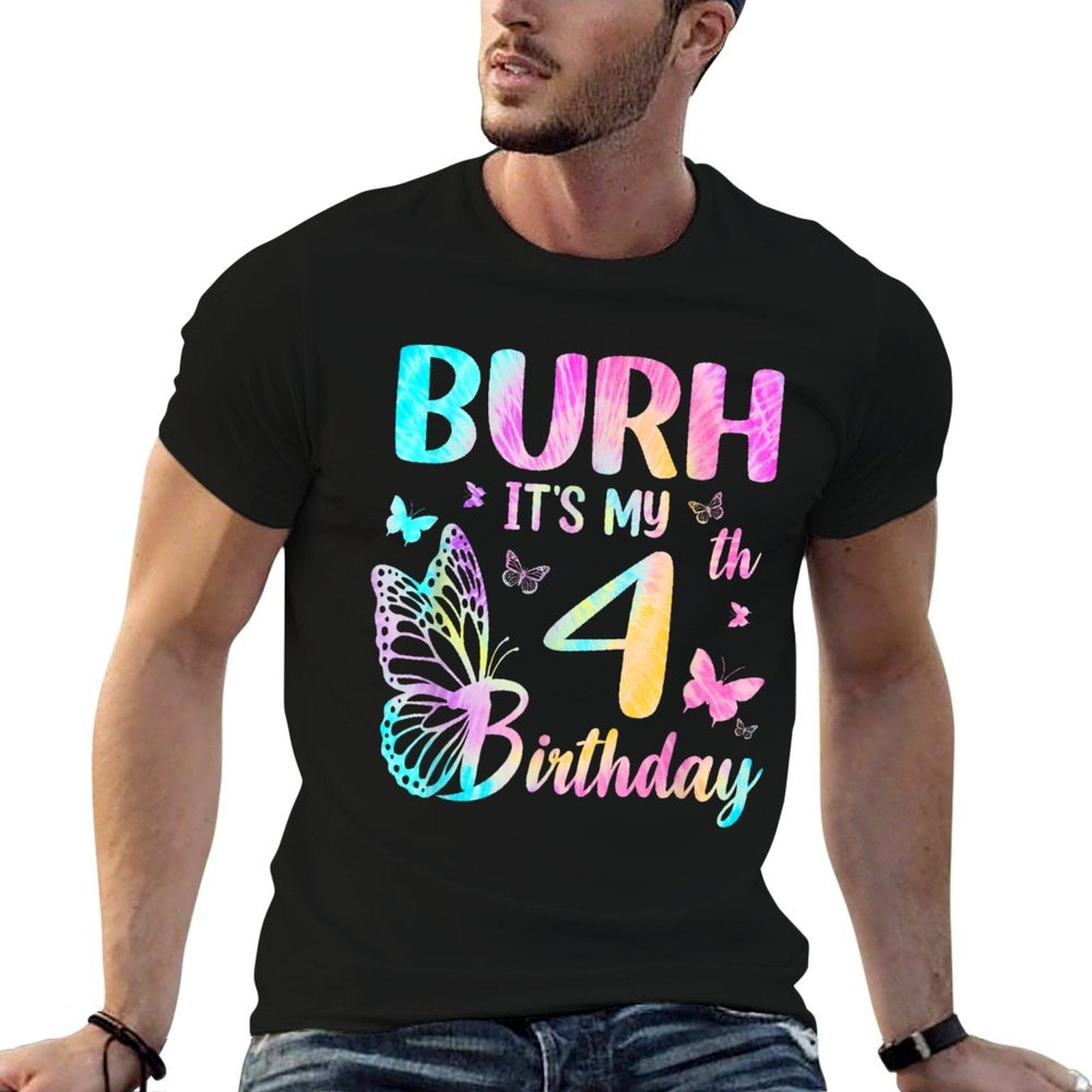Bruh It's My 4th Birthday Butterfly Theme 4 Year Old  Ribbed Collar T-Shirt