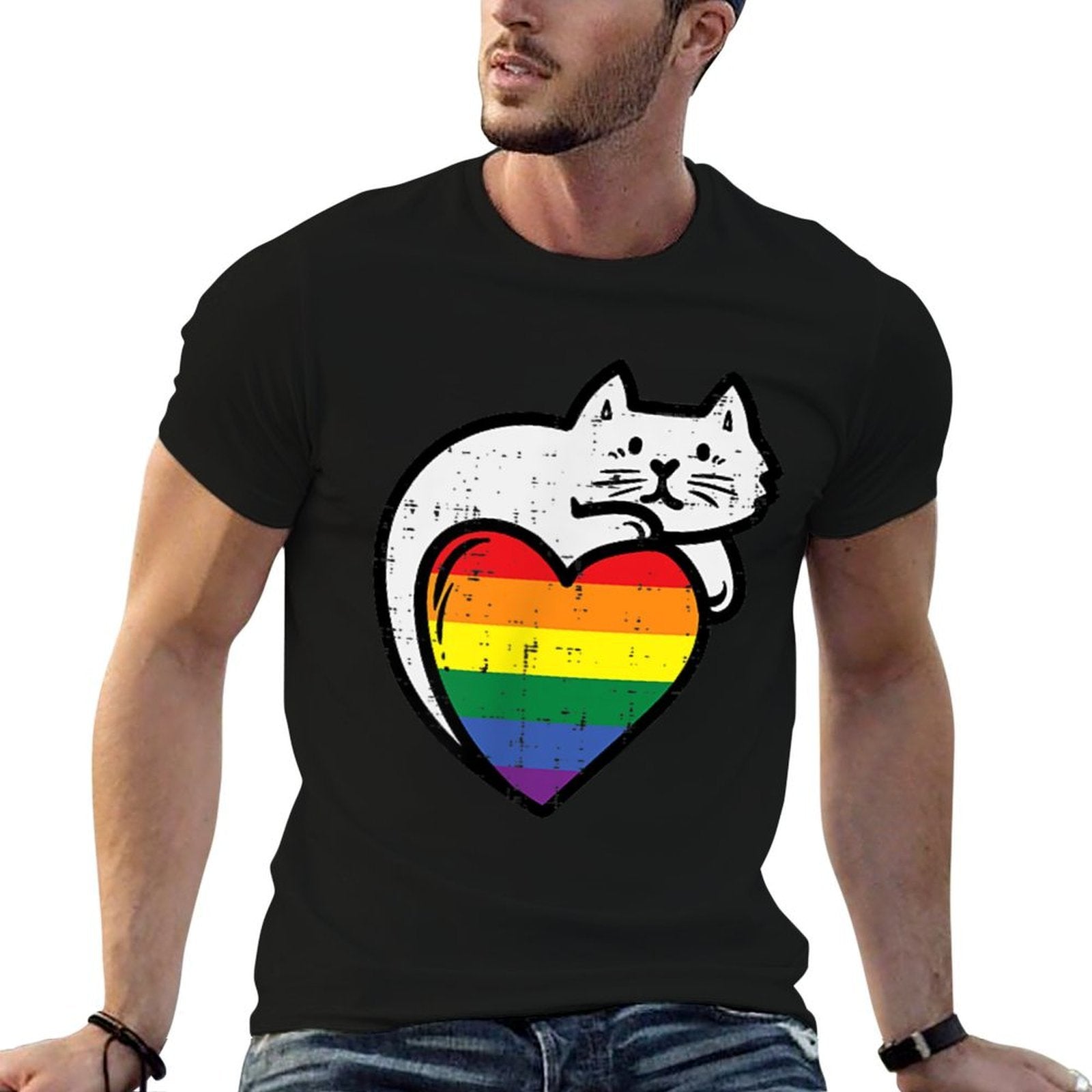 Rainbow Cat Heart Gay Pride Ally LGBTQ Month Women Men  Trendy Pattern T-Shirt