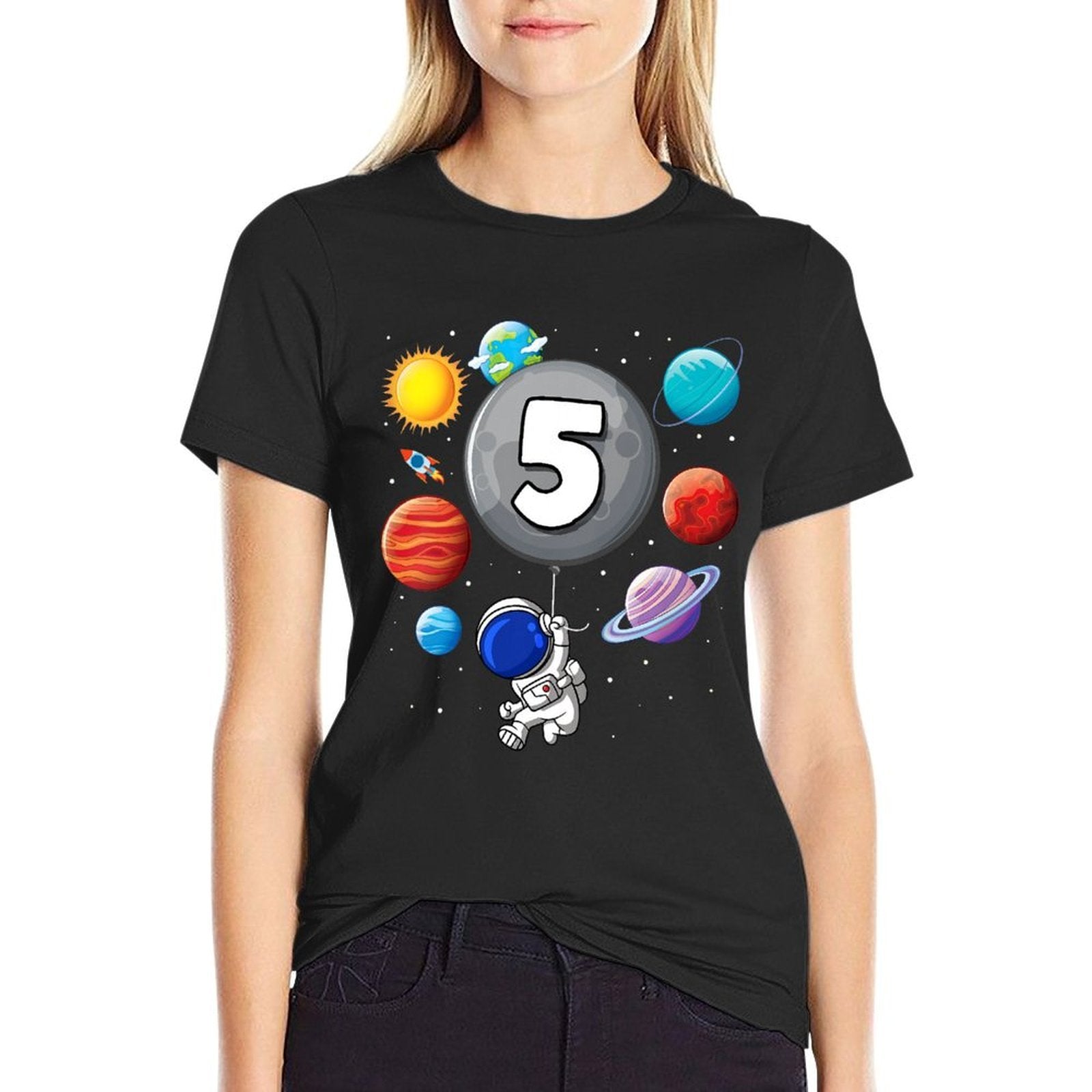 Kids 5th Birthday Astronaut Balloon Planet 5 Year Old Boy  Slim-fit Cut T-Shirt