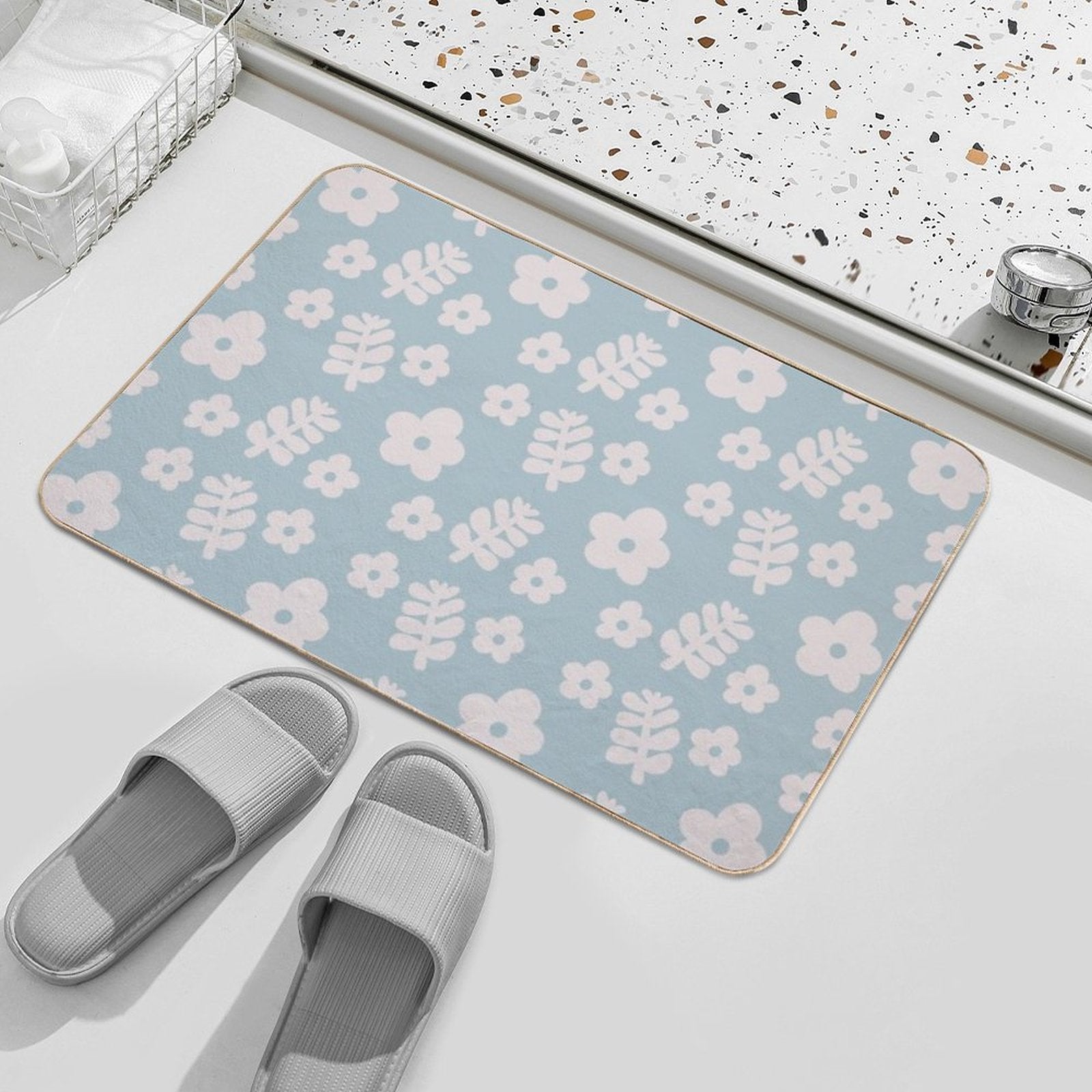 Mid Century Modern Flowers & Leaves, Cute Retro Pattern, Sky Blue  Dirt-Trapping Bath Mat