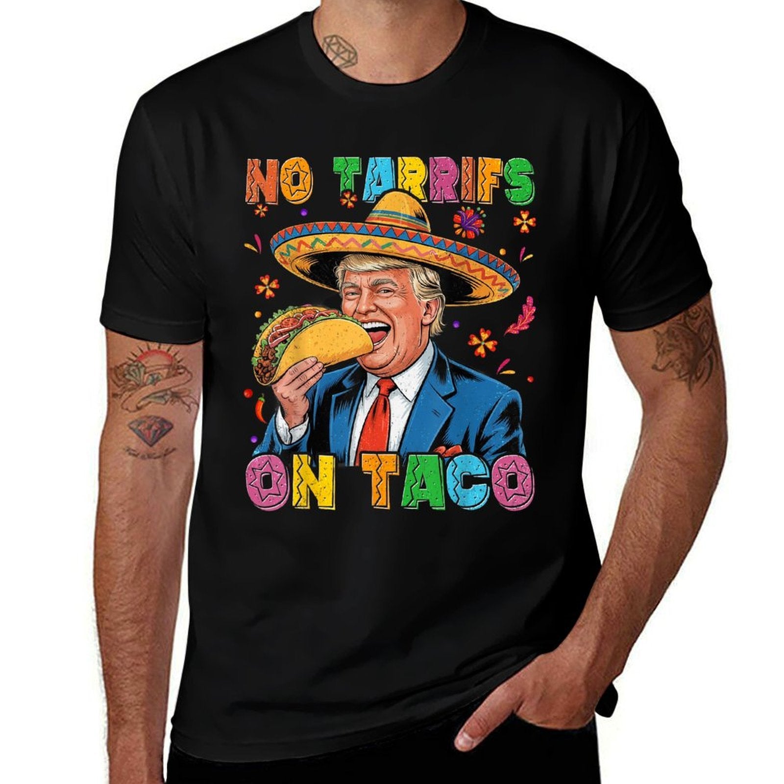 Funny Mexican Cinco De Mayo Trump No Tarrifs On Taco  Ribbed Collar T-Shirt