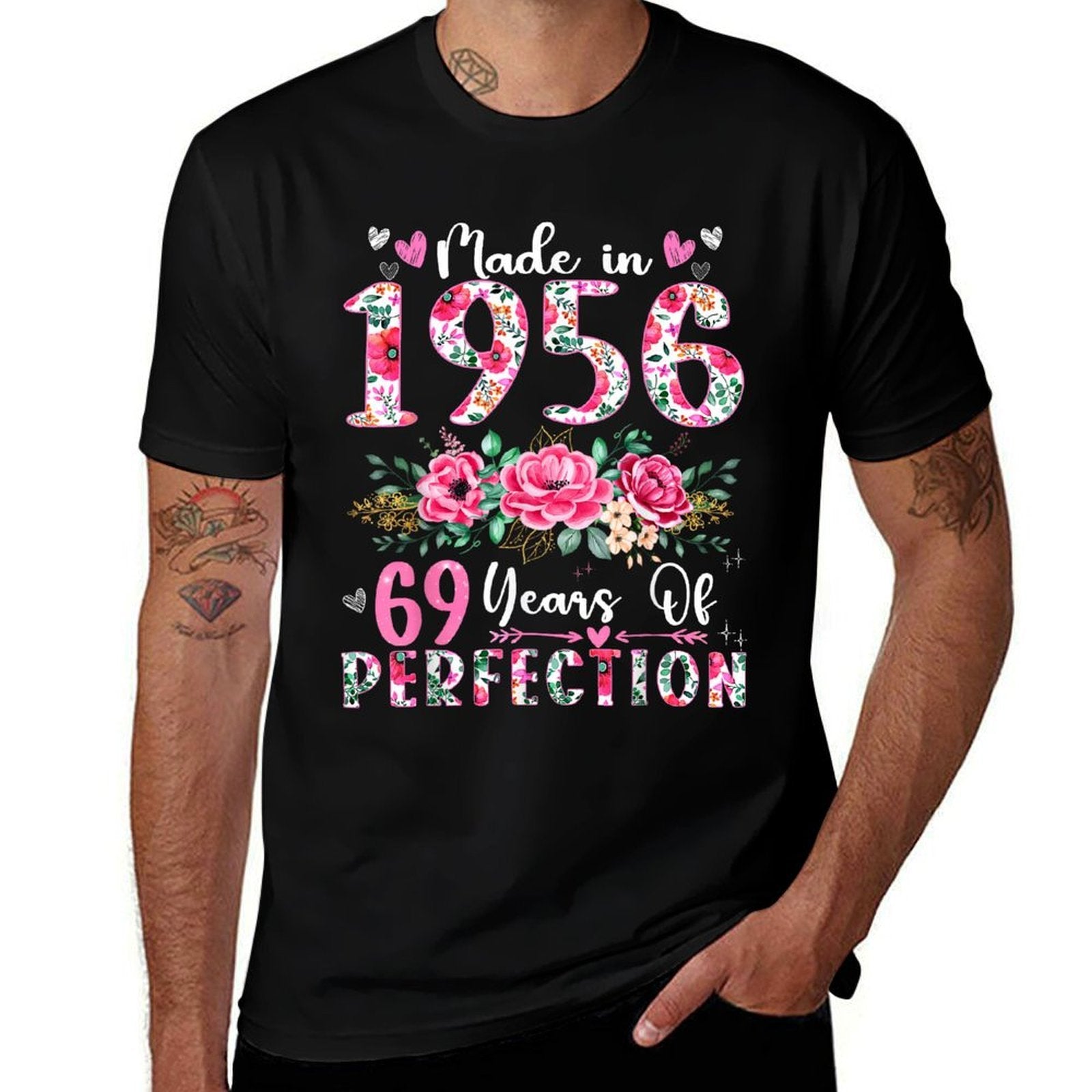 69 Year Old Made In 1956 Floral 69th Birthday Women  Heathered Texture T-Shirt