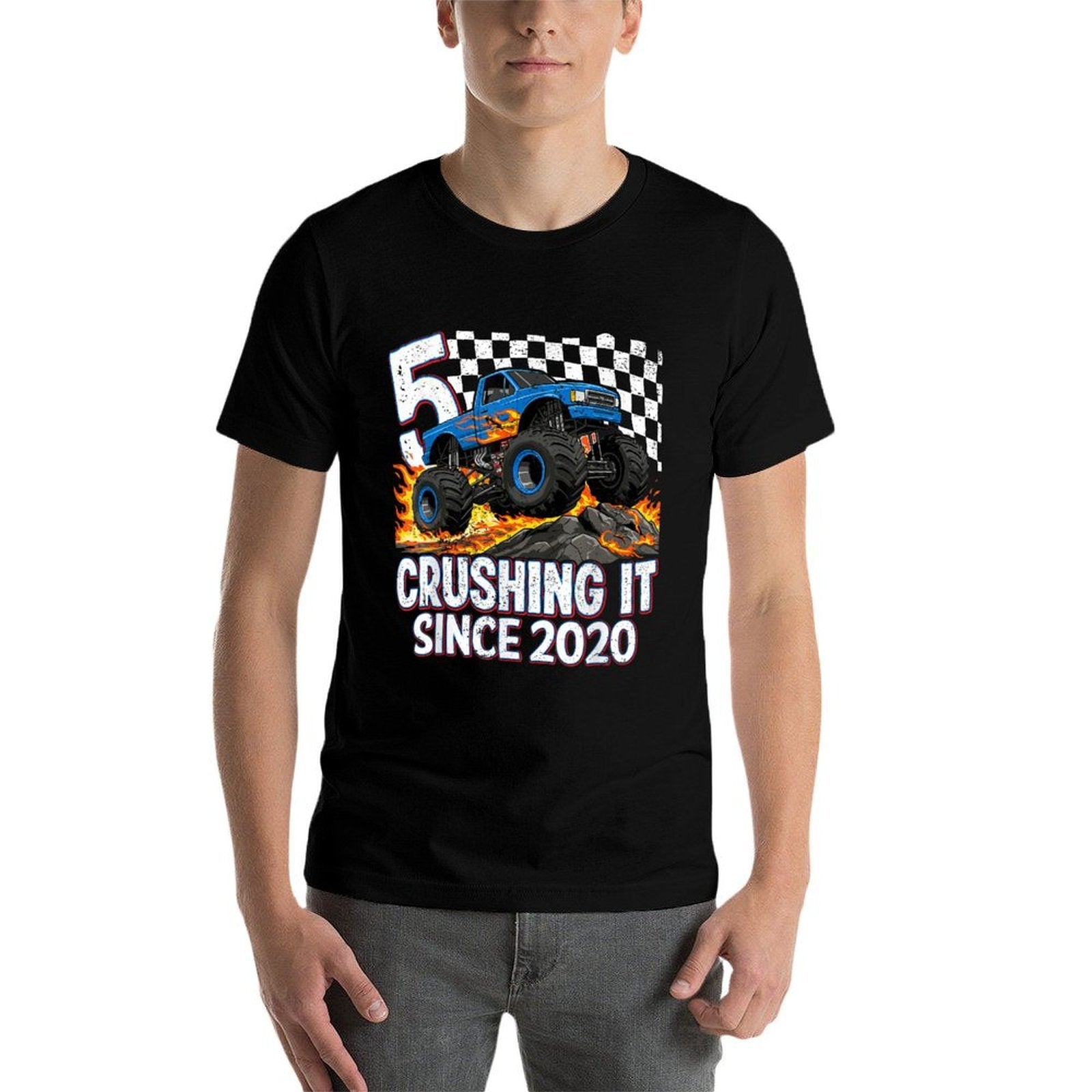 5th Birthday Monster Truck 5 Year Old Boys Party Born 2020  High-quality Stitching T-Shirt