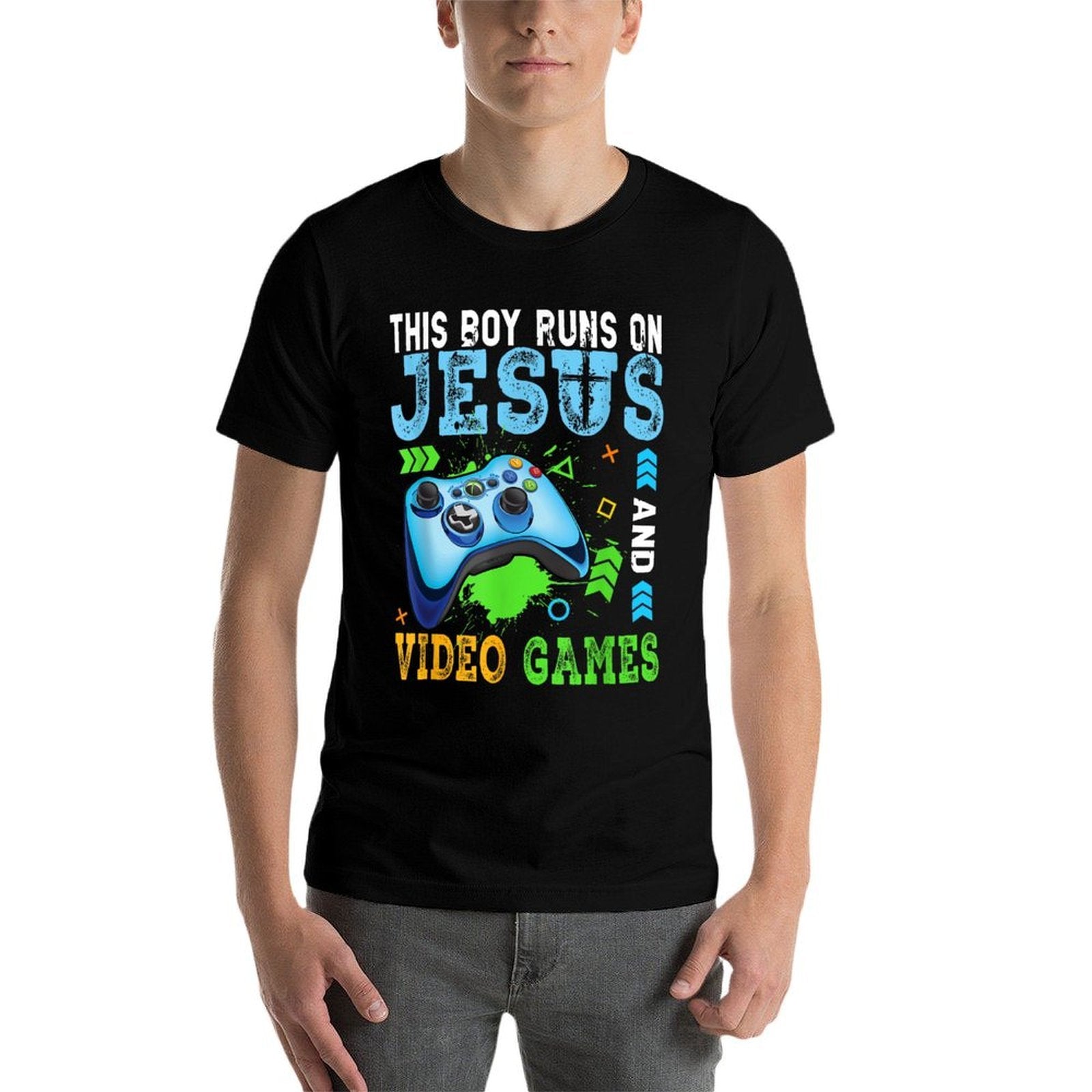 This Boy Runs On Jesus And Video Games Christian Gamer  Tagless Design T-Shirt