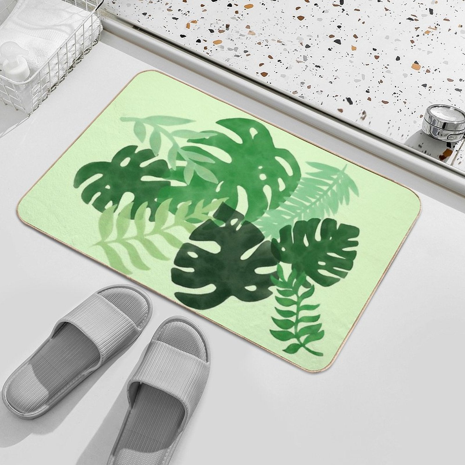 Watercolor Tropical Leaves - Green Background  High-Traffic Bath Mat