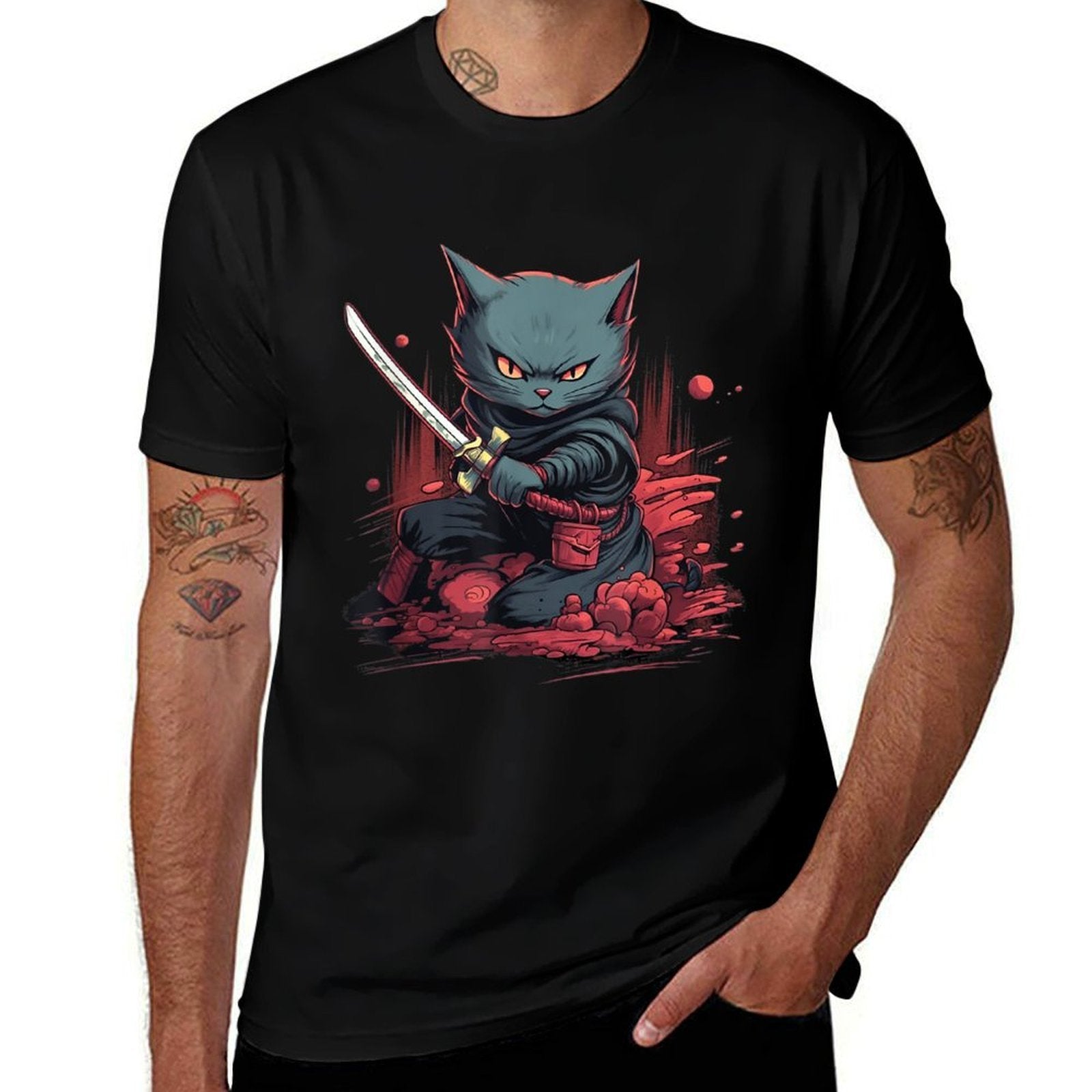 Vintage Japanese Samurai Ninja Cat Tattoo Kawaii  Classic T-Shirt
