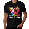 Kids Awesome Since 2018 Dabbing Unicorn Girls 7 Year Old Birthday  Rolled Sleeves T-Shirt