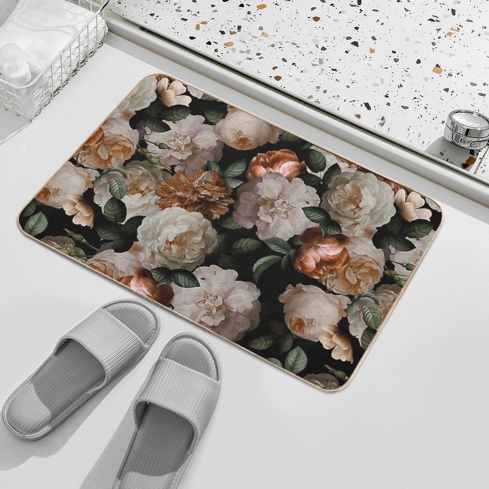 Antique Jan Davidsz. De Heem Lush Roses Flowers On Black Botanical Night GardenPattern Nightgarden  Fade-Resistant Bath Mat
