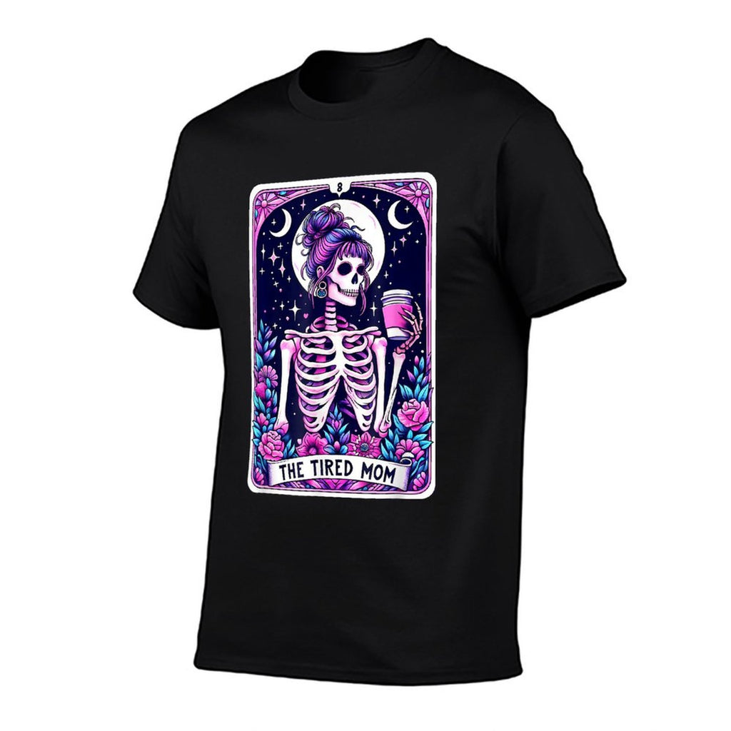 The Tired Mom Tarot Card Skeleton Mothers Day Skull Coffee  Oversized Silhouette T-Shirt