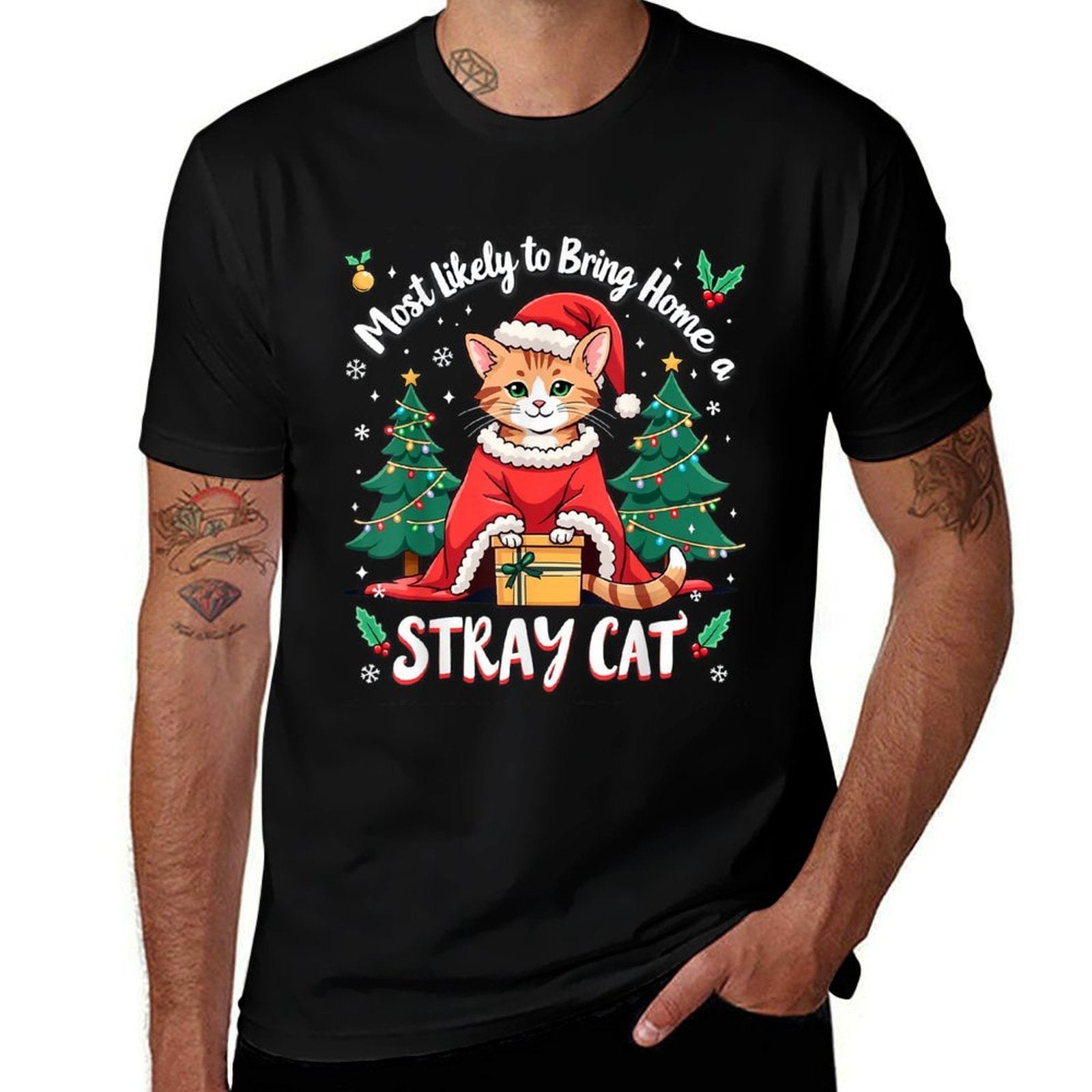 Most Likely To Bring Home A Stray Cat Christmas Santa Hat  Ribbed Collar T-Shirt