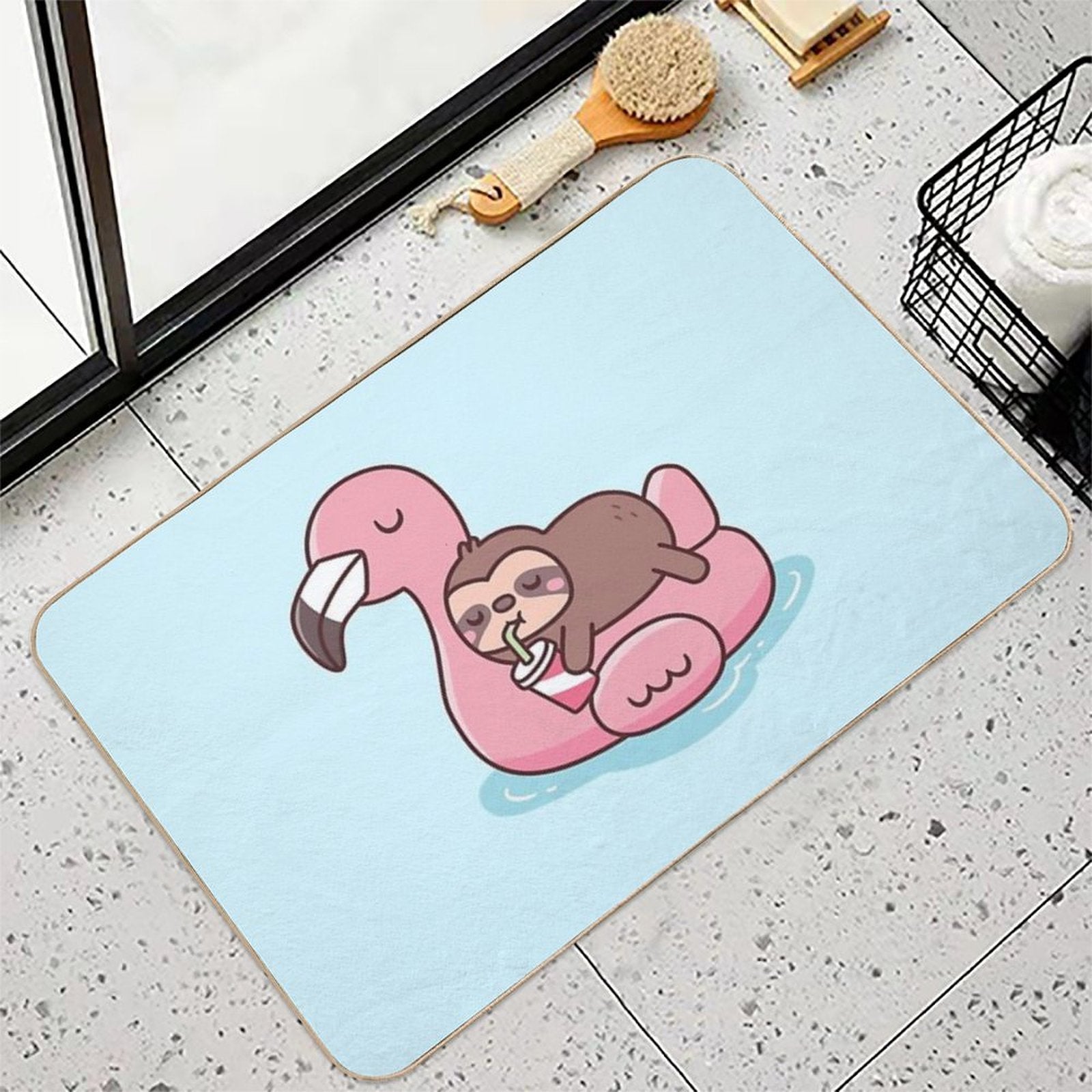 Cute Little Sloth Chilling On Flamingo Pool Float  Pet-Safe Bath Mat