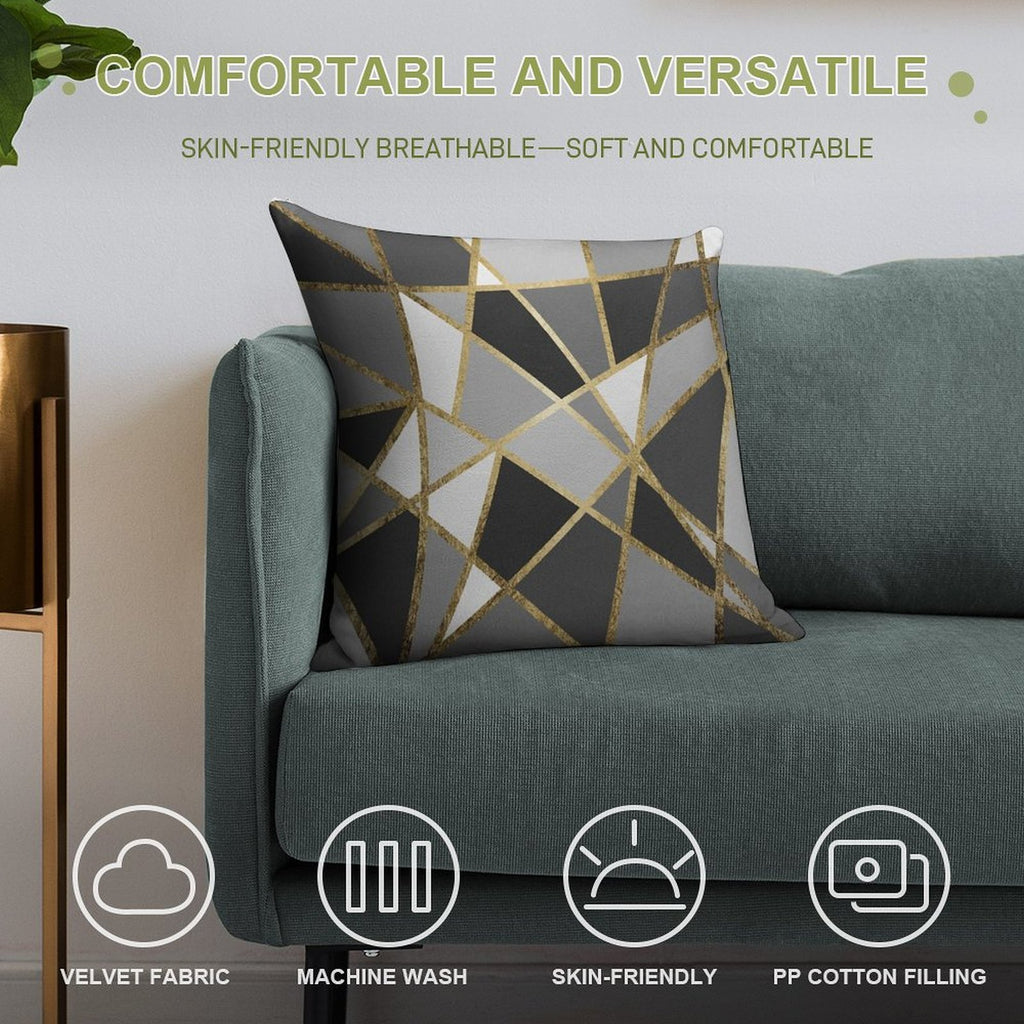 Black & Gray Modern Geo Gold Triangles Soft Warmth Comfort Throw Pillow