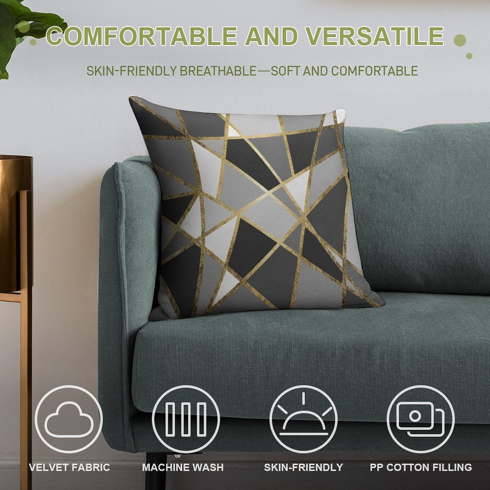 Black & Gray Modern Geo Gold Triangles Soft Warmth Comfort Throw Pillow