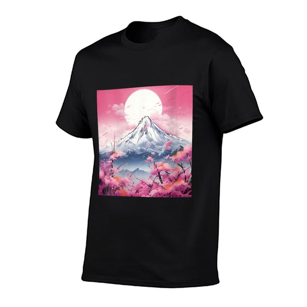 Sakura Reverie Japanese Petals Unfold in Twilight Peaks  Ribbed Collar T-Shirt
