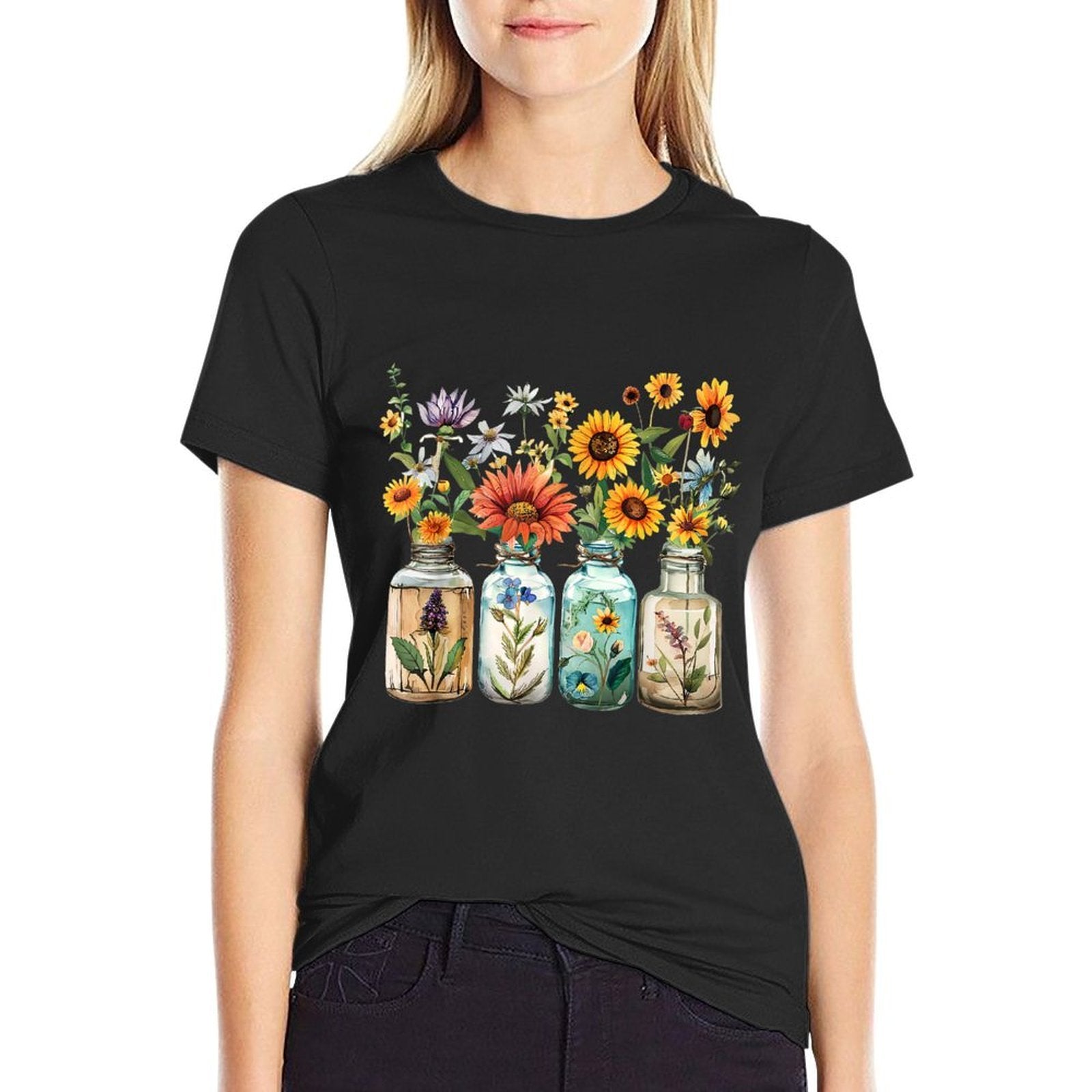 Vintage Sunflower Botanical Plant Gardening Women Flower Jar  Tagless Design T-Shirt
