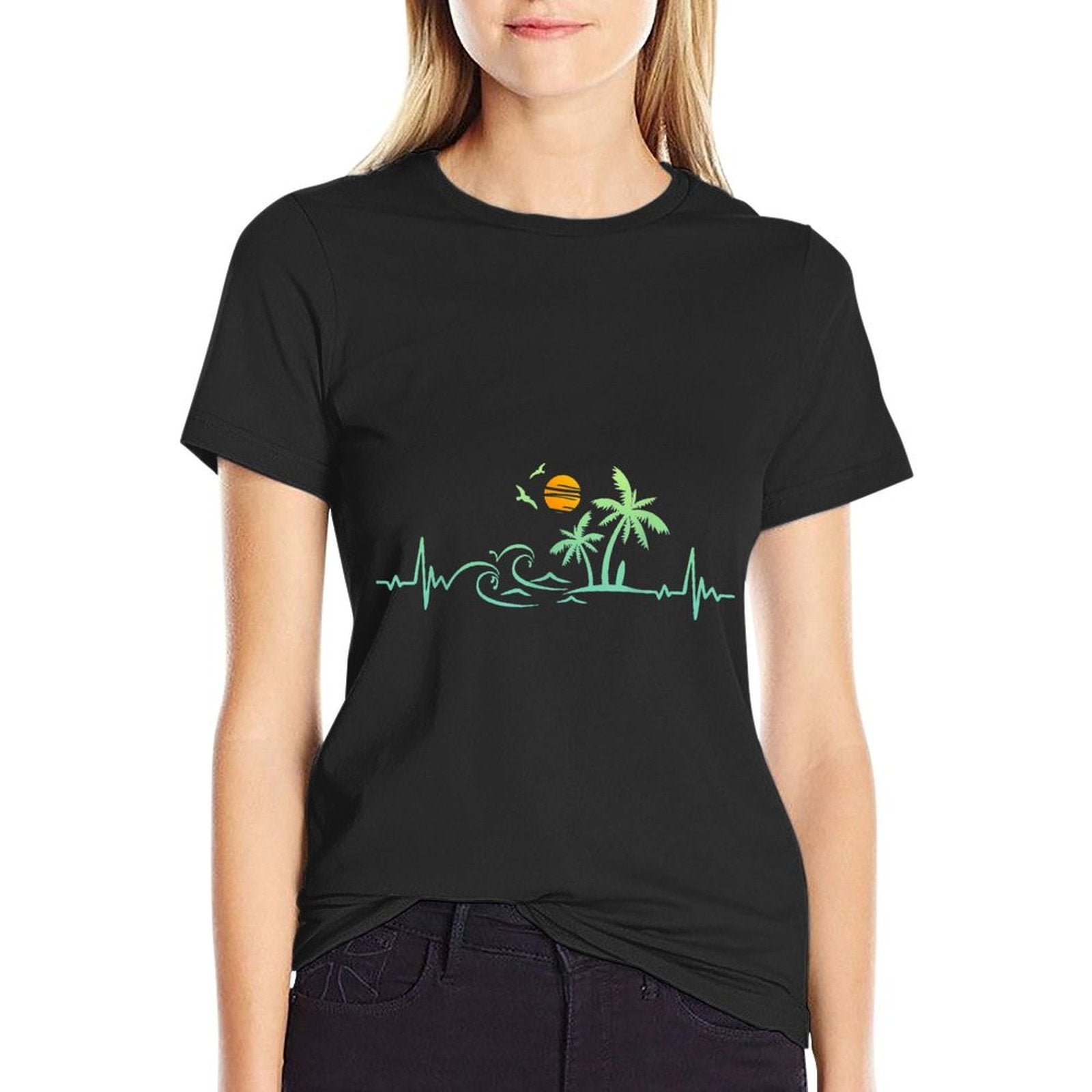 Heartbeat Palm Tree Retro Tropical Beach Island Trees Funny  Summer-ready Fabric T-Shirt