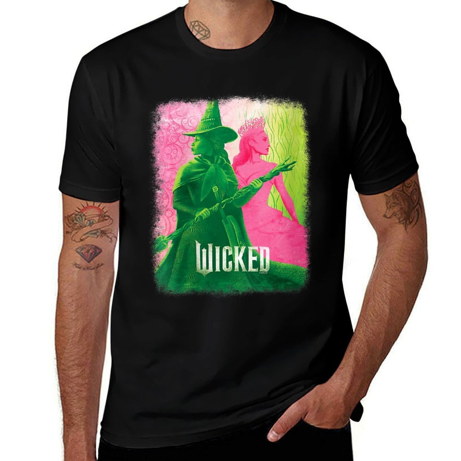 Womens Wicked Elphaba & Glinda Tonal V-Neck  Rolled Sleeves T-Shirt