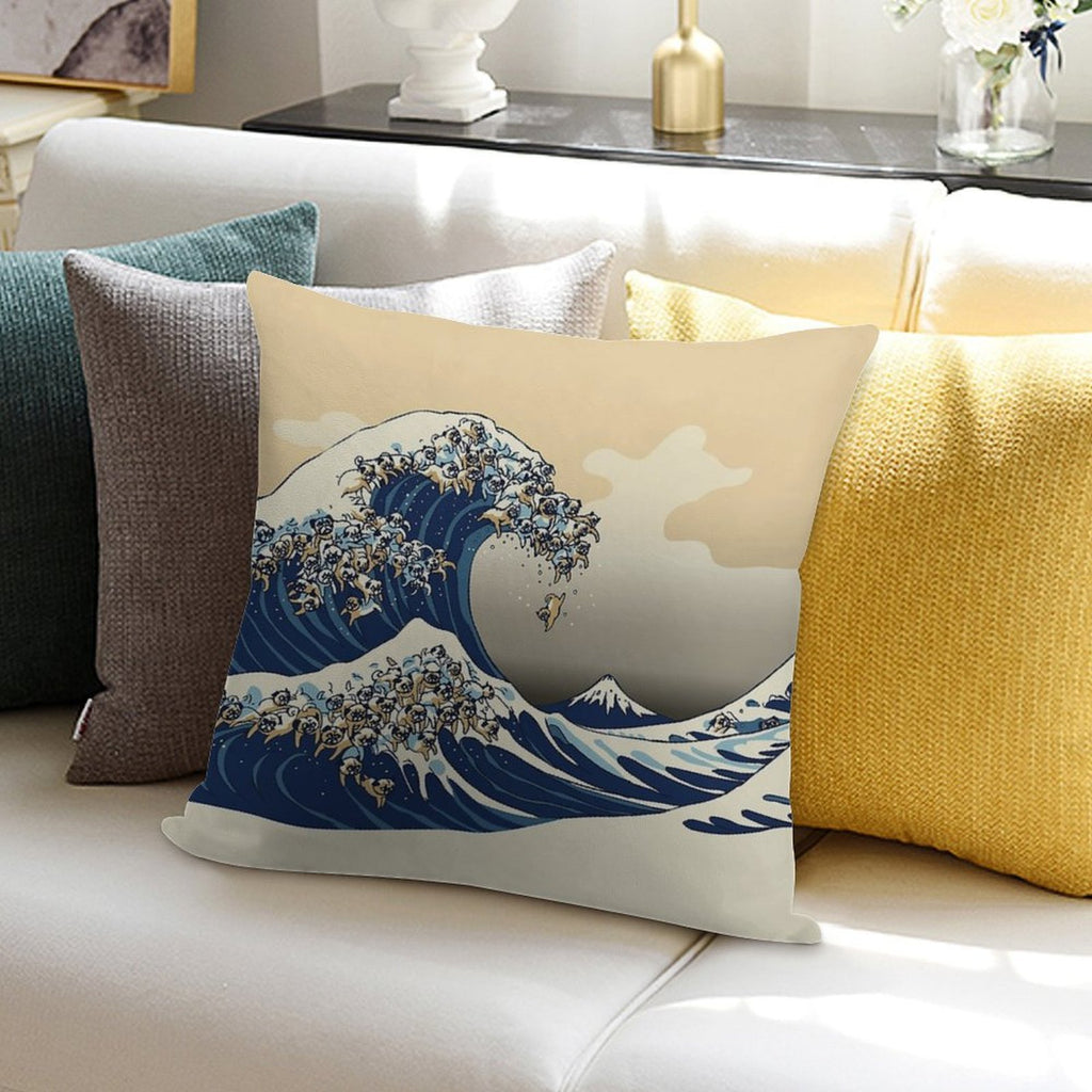 The Great Wave of Pugs Vanilla Sky Soft Skin-Friendly Throw Pillow