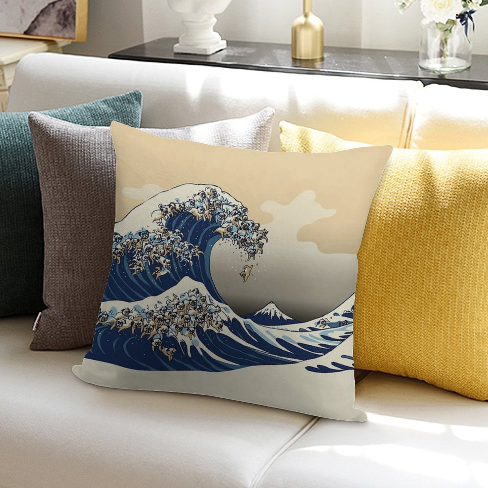 The Great Wave of Pugs Vanilla Sky Soft Skin-Friendly Throw Pillow