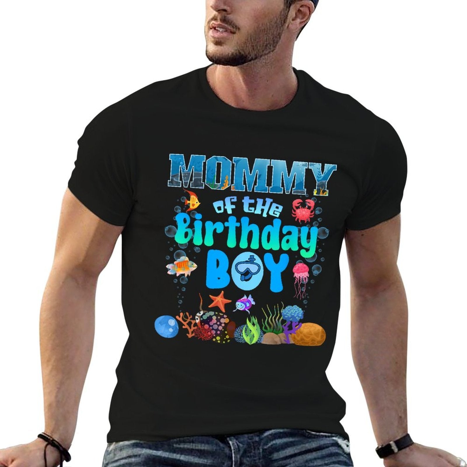 Mommy Of The Birthday Boy Aquarium Sea Animals Matching  Slim-fit Cut T-Shirt