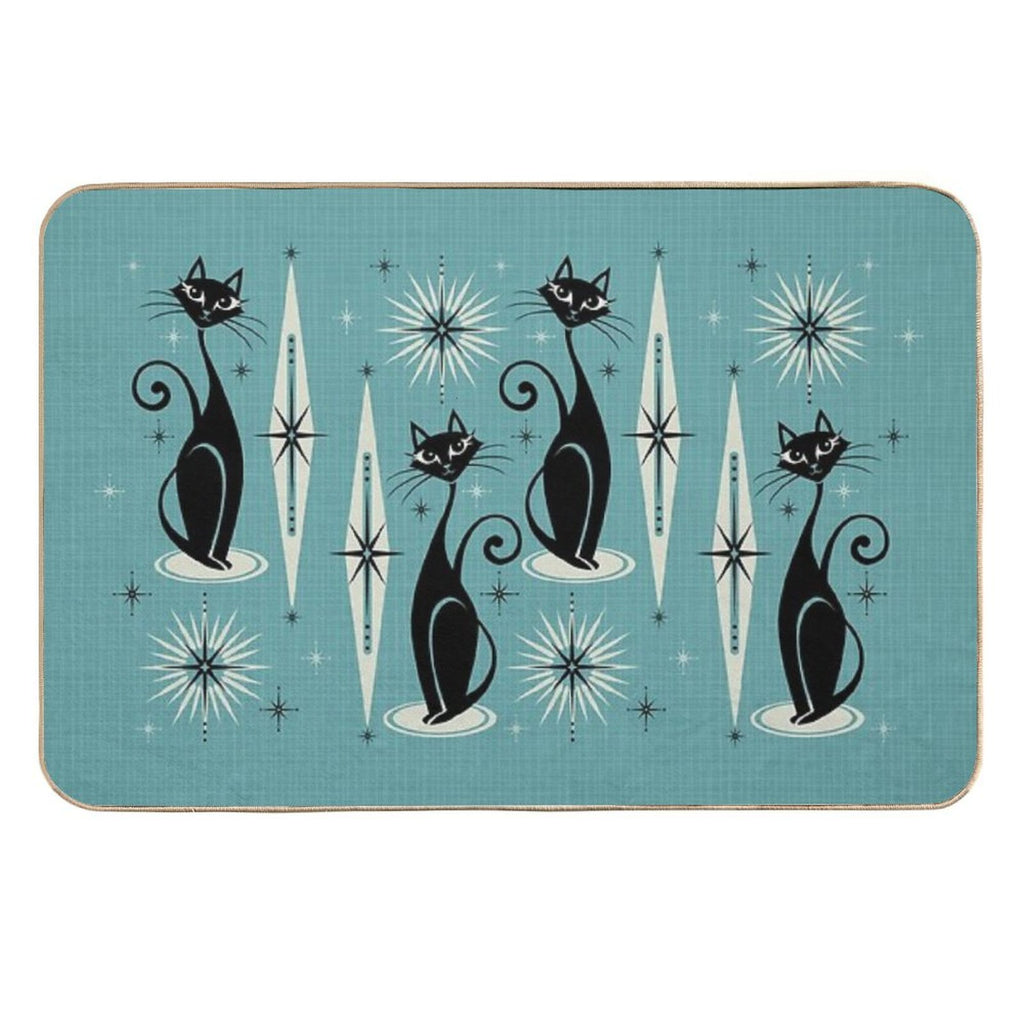 Mid Century Meow on Blue - Large Scale  Fade-Resistant Bath Mat