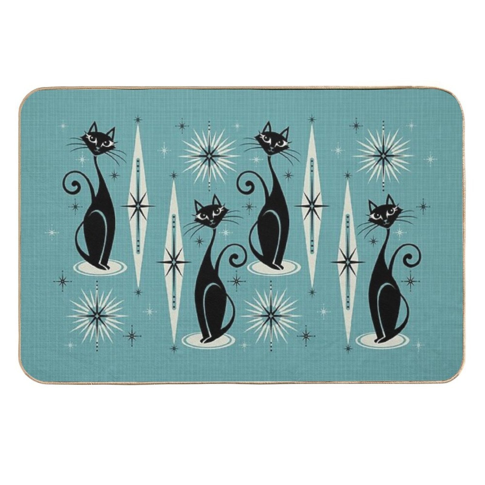 Mid Century Meow on Blue - Large Scale  Fade-Resistant Bath Mat