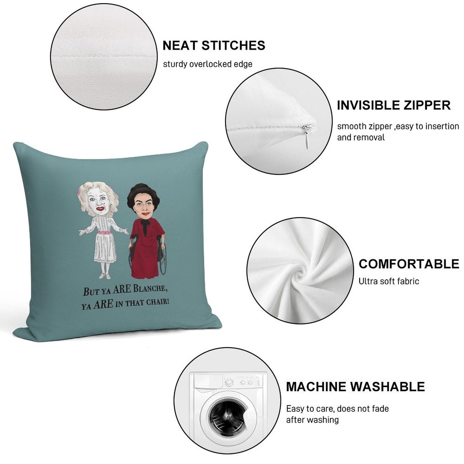 Whatever Happened to Baby Jane, Bette Davis, Joan Crawford Inspired Illustration. But You Are in That Chair Blanche Hudson Soft Style Accent Throw Pillow