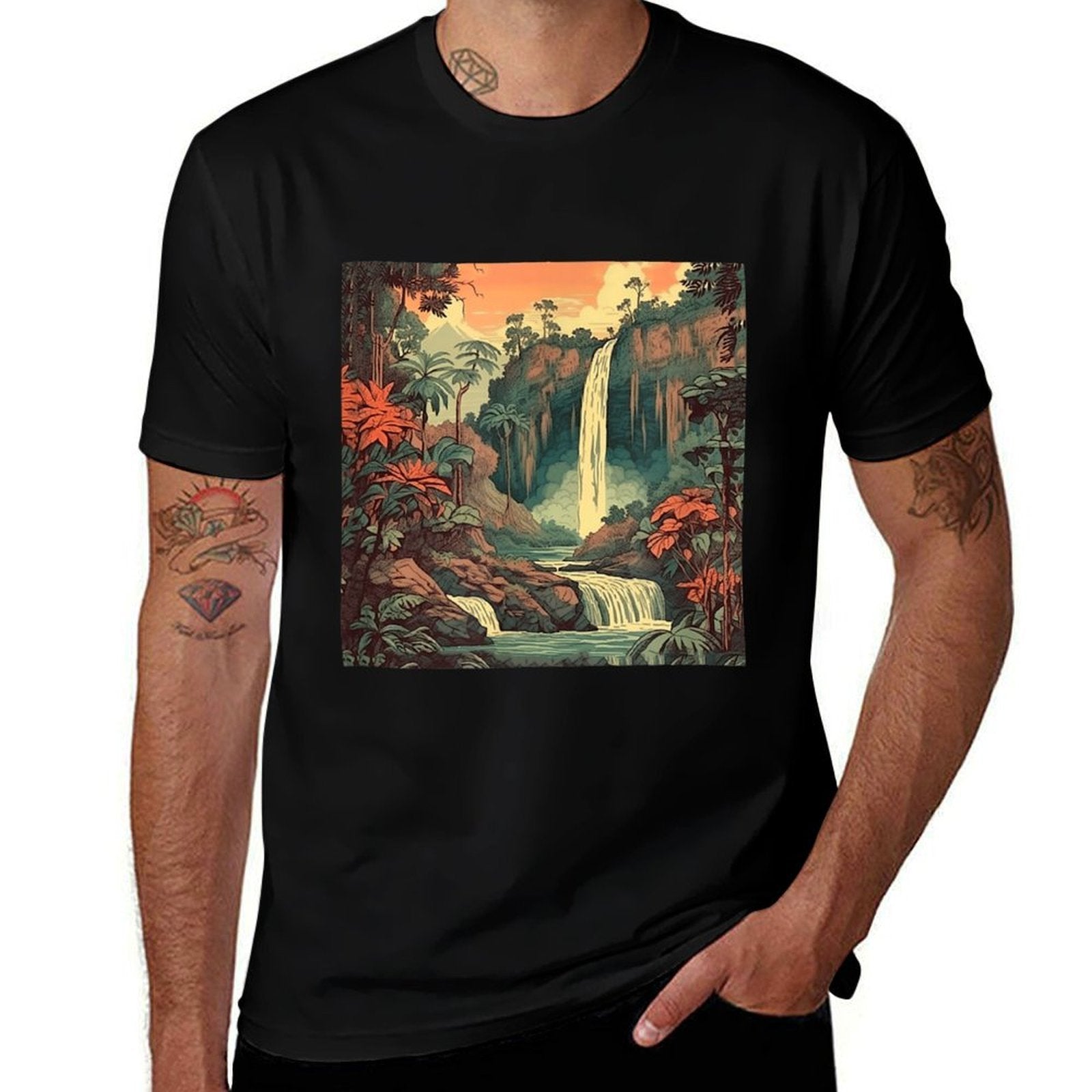 Jungle Waterfall Vintage Landscape Graphic  Wrinkle-resistant T-Shirt