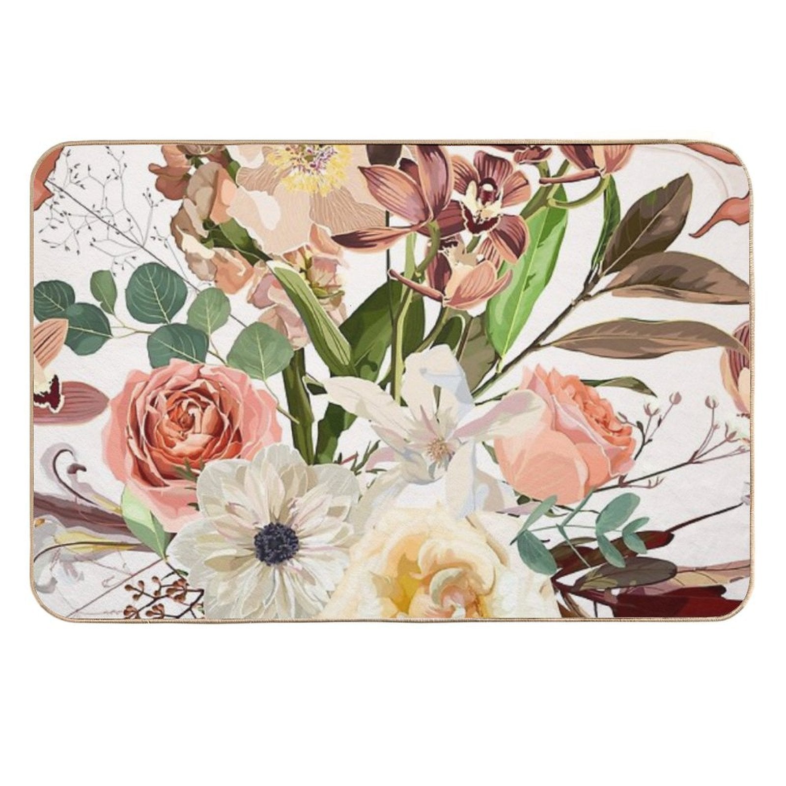 Detailed Hand Drawn Flowers - Blooming Magnolia, Roses, Eucalyptus And Herbs.  Stain-Proof Bath Mat