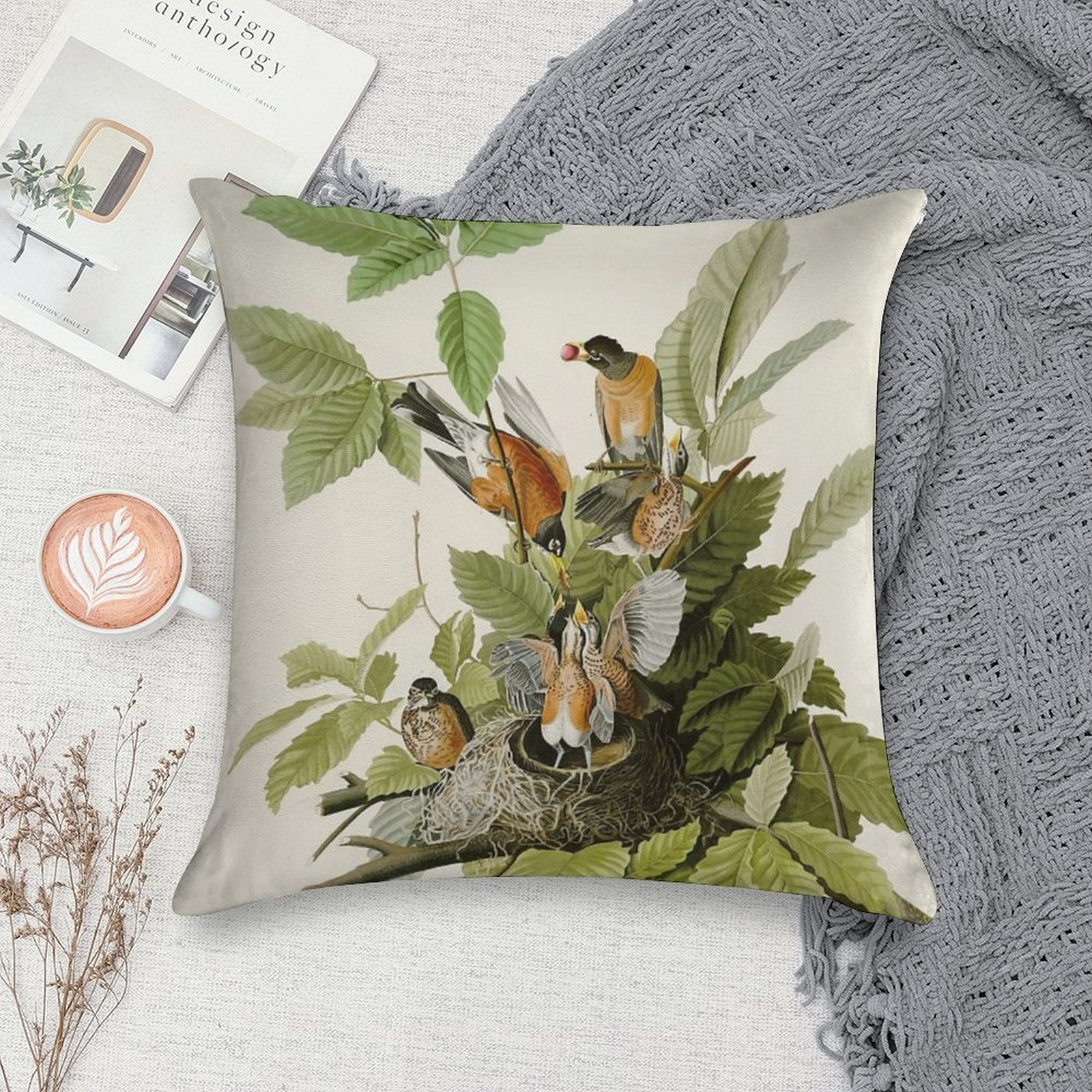 American Robin - John James Audubon Birds of America Soft Washable Throw Pillow