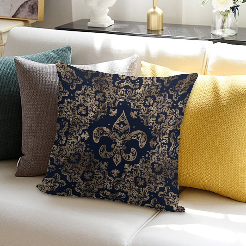 Luxury Fleur-de-lis Ornament - Gold And Dark Blue Soft Short Plush Fabric Throw Pillow