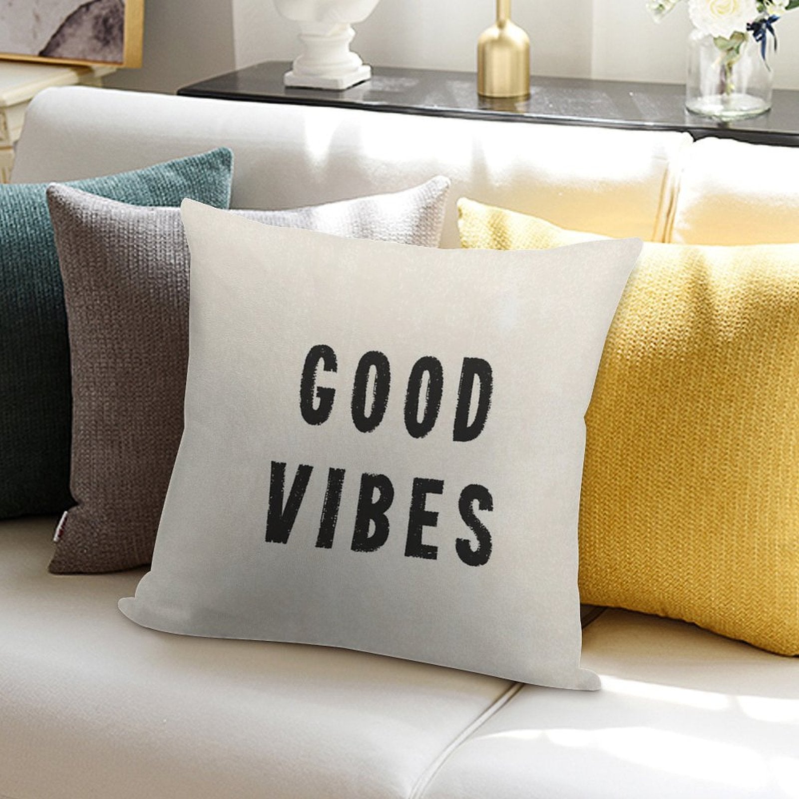Grungy Distressed Ink Good Vibes  Black on Off-White Soft Anti-Pilling Throw Pillow