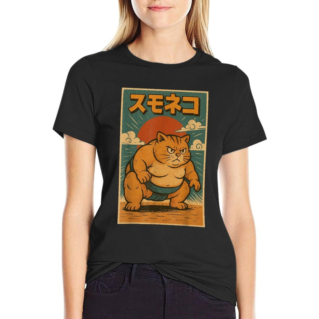 Funny Cat Sumo Wrestler Japanese Art Anime Ukiyo-e Graphic  Durable T-Shirt
