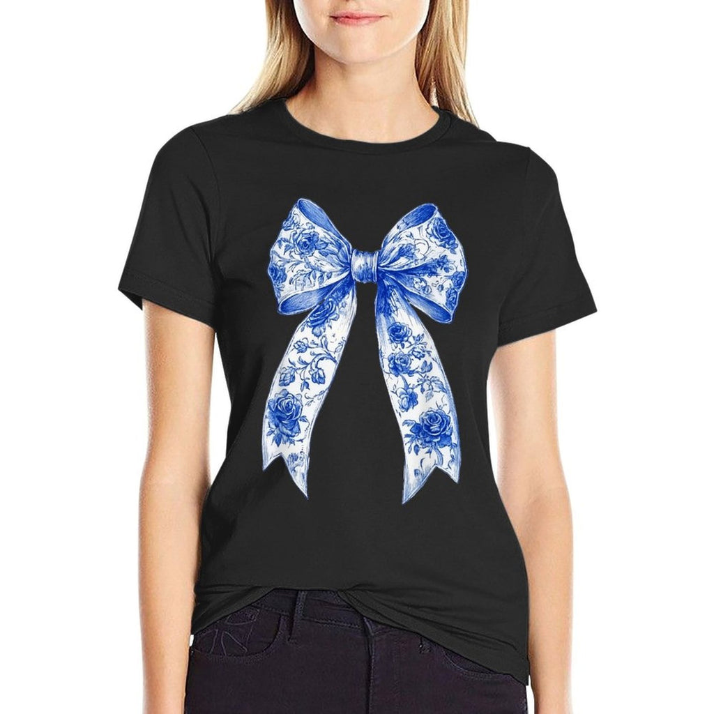 Coquette Floral Blue Bow Flower Toile French Pattern  High-quality Stitching T-Shirt