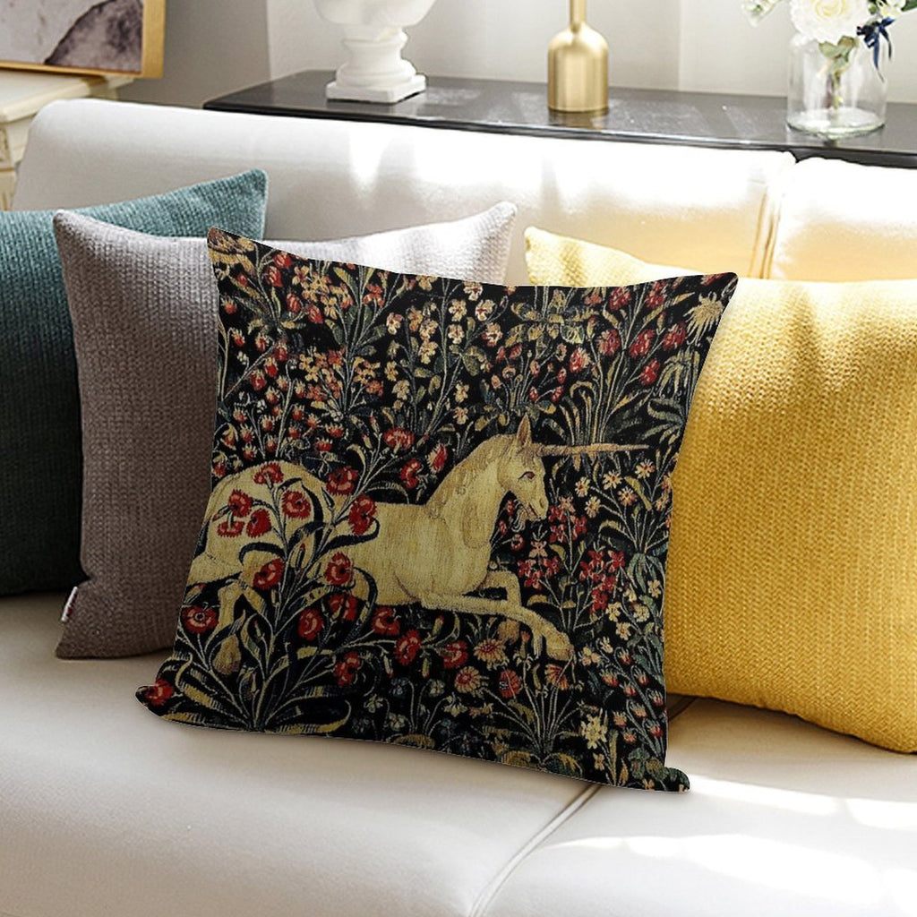 Medieval Unicorn Midnight Floral Tapestry Soft Shrink-Resistant Throw Pillow