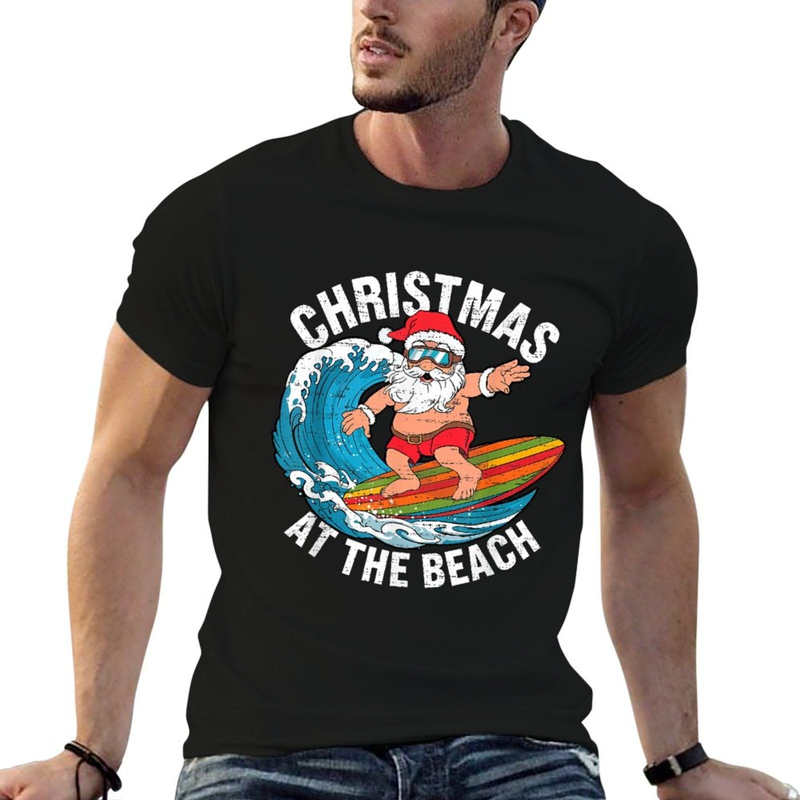 Funny Santa Surfing Christmas In July Xmas Summer Christmas  Polyester Blend T-Shirt