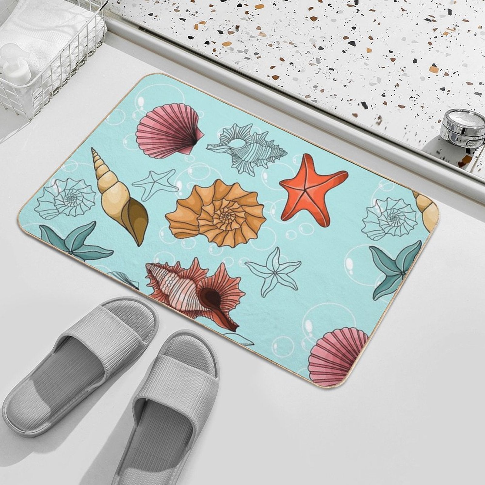 Marine Theme, Sea, Background, Beach, Summer, Ornament, Underwater, Starfish, Shells  Stain-Proof Bath Mat