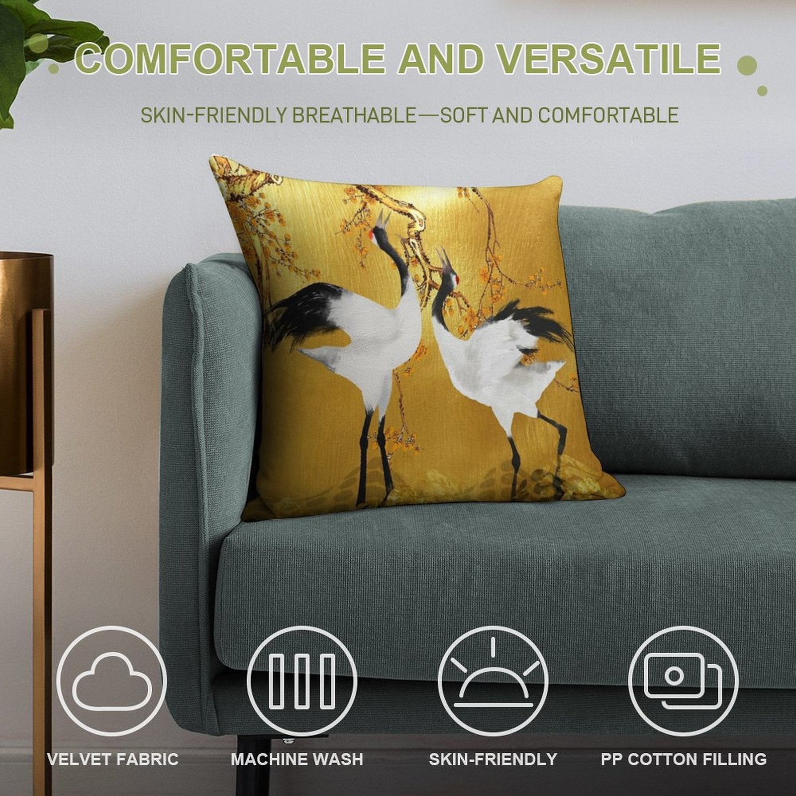 Golden Cranes Japanese Art Soft Fade-Resistant Throw Pillow