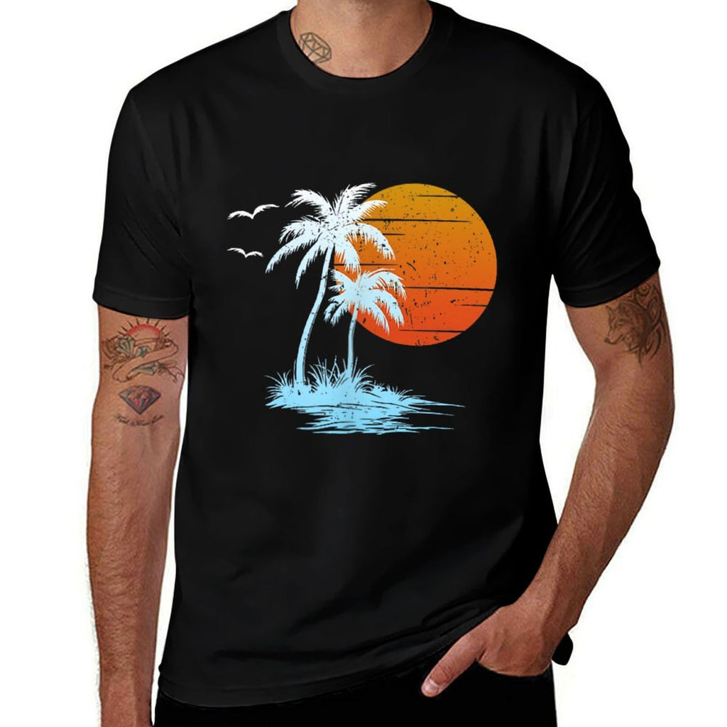 Cool Summer Vacation Men Women Island Sunset Beach Palm Tree  Slim-fit Cut T-Shirt