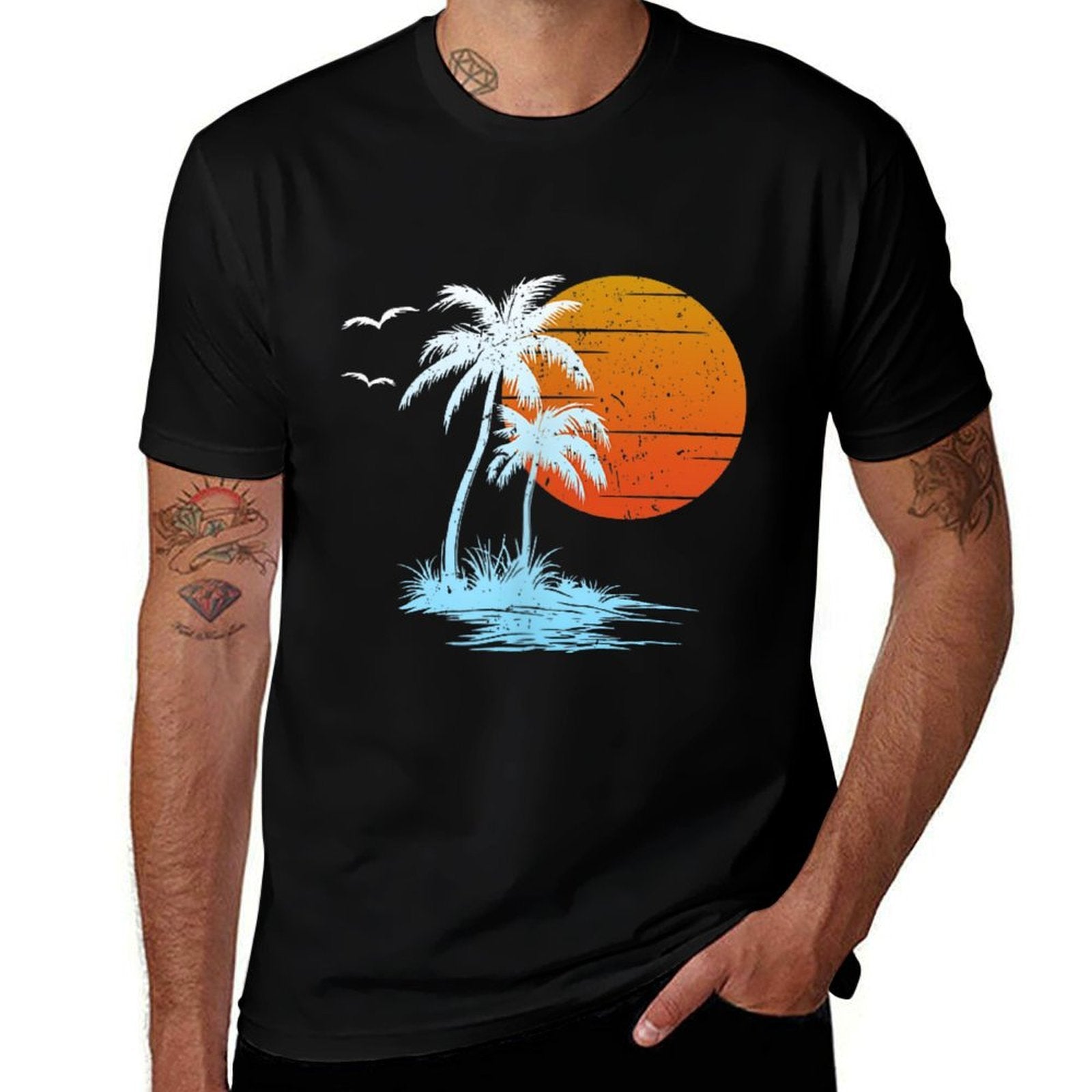 Cool Summer Vacation Men Women Island Sunset Beach Palm Tree  Slim-fit Cut T-Shirt