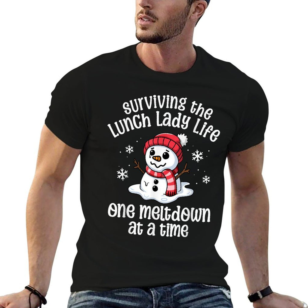 Lunch Lady Christmas One Meltdown At A Time Snowman Winter  Ribbed Collar T-Shirt
